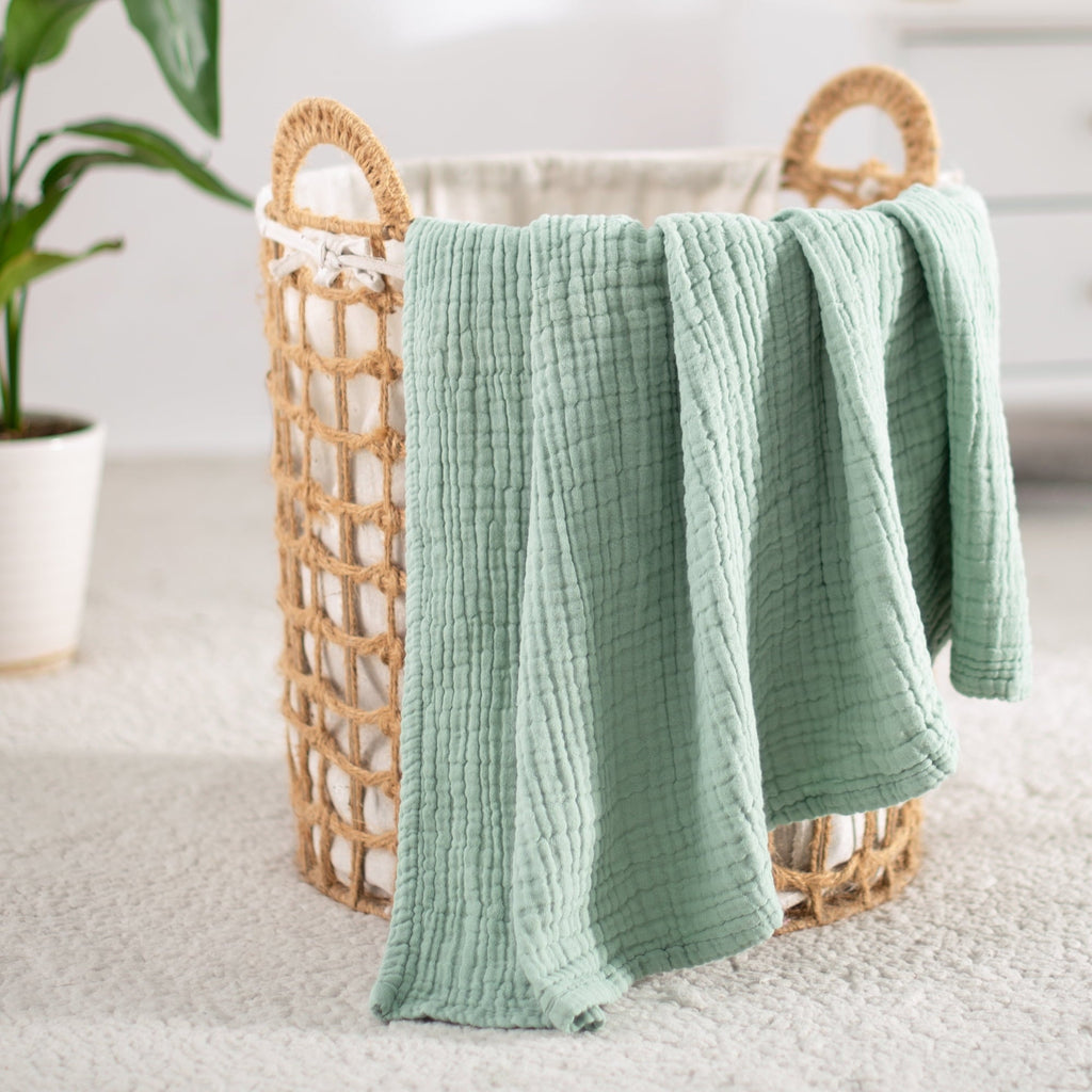 Decorative Knitted 100% Cotton Muslin Throw Blanket Gauze Blankets for Adults Soft Throws for Bed and Couch, 50" x 70" Sage Green - Cozy Fleece Throw Blanket for Couch & Bed Detail