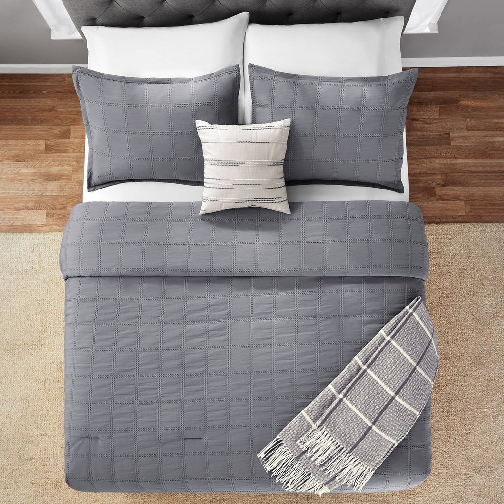 Fluffy Down Alternative Full/Queen Comforter Set, All-Season, 5-Piece, Grey Waffle Check - Cloud-Like Soft Lightweight Bed Comforter Detail