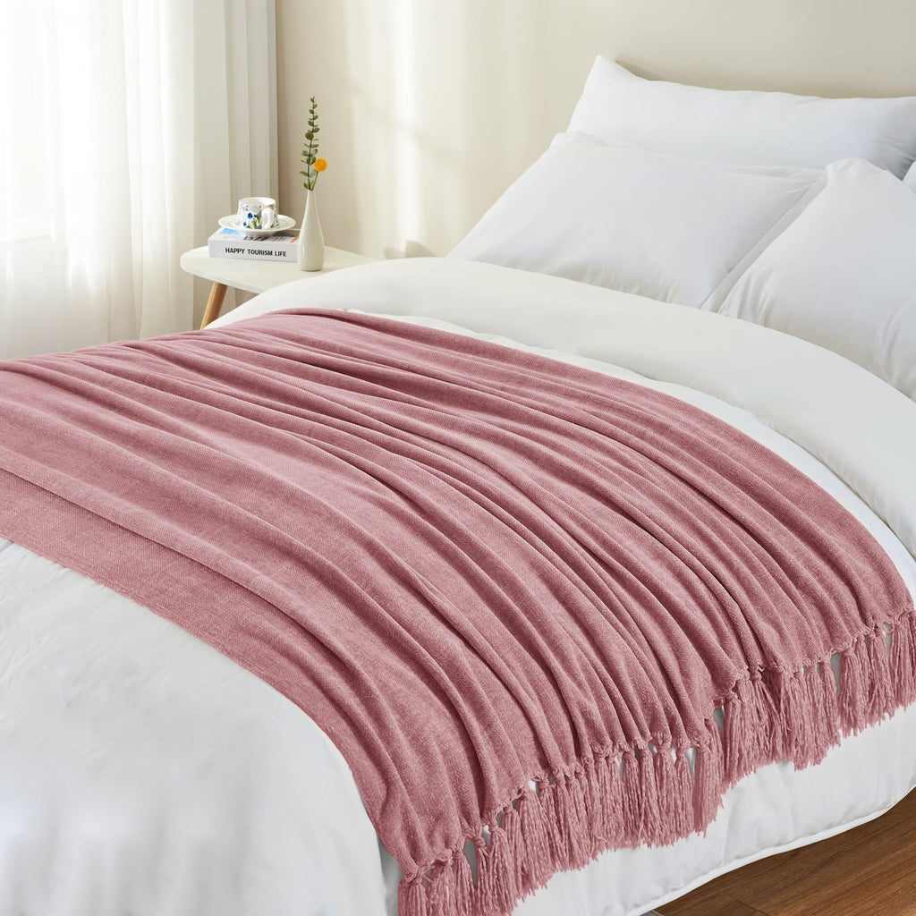 Decorative Knitted Chenille Throw Blanket with Fringe Tassel for Couch Sofa Chair Bed, Mauve 50" X 70" - Cozy Fleece Throw Blanket for Couch & Bed Detail