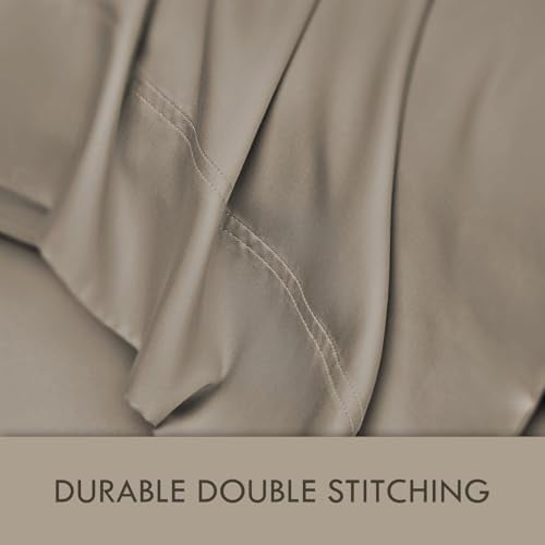 Premium Egyptian Cotton Home 4-Piece Queen Bamboo Bed Sheet Set, 100% Organic Cooling Fabric, 16" Deep Pocket, Taupe - Breathable Egyptian Cotton Flat & Fitted Sheets Detail