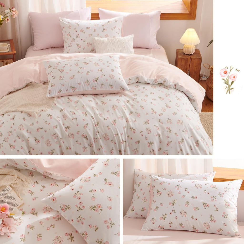 All-Season Pink loyalty Floral Comforter Queen Sets, 3 Pieces Chic Botanical Pink White Floral Reversible Comforter for All Season - Cloud-Like Soft Lightweight Bed Comforter Detail