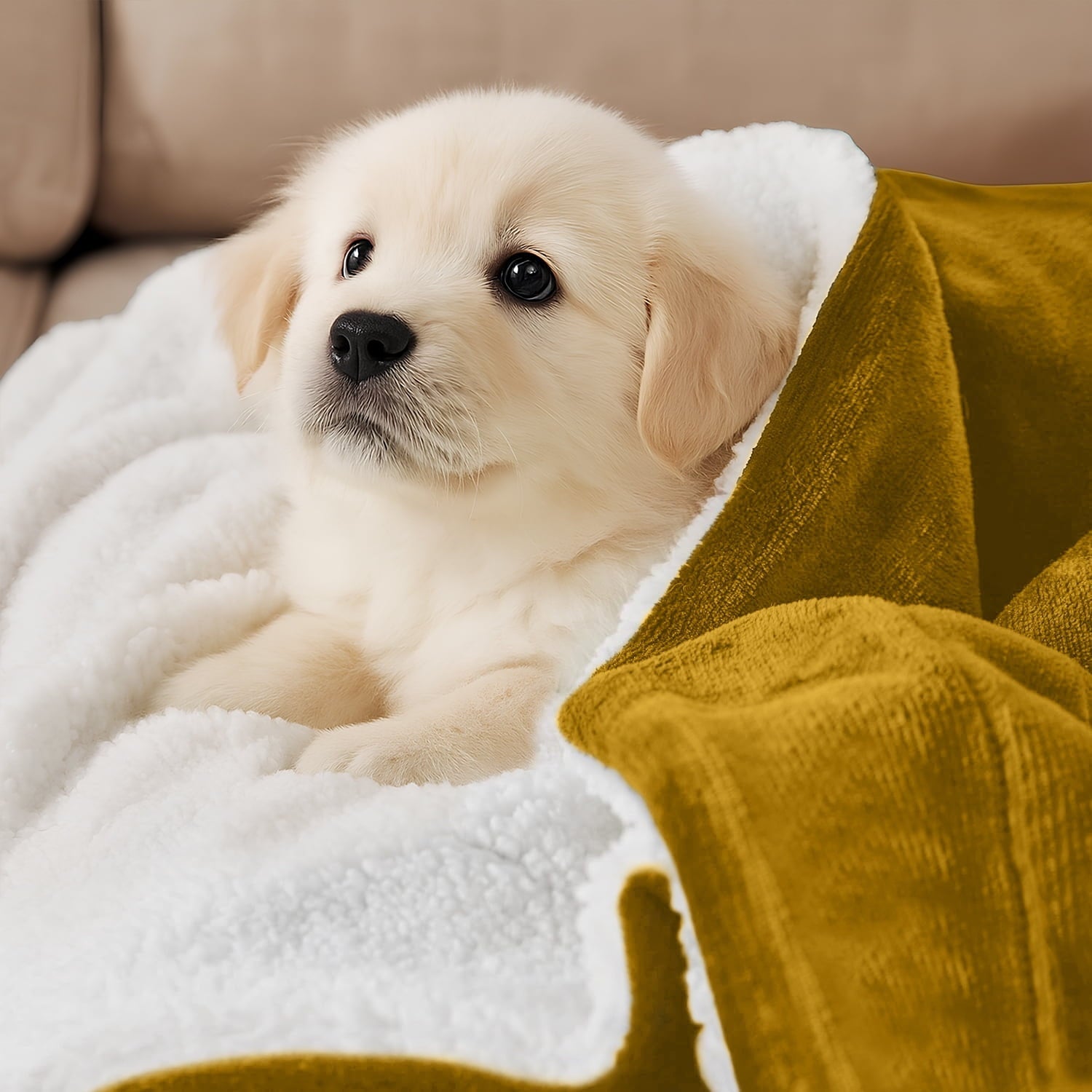 Reversible Sherpa Moonlight20015 Sherpa Blanket Fluffy Plush Couch & Travel Blanket Reversible Throw Size Ochre Color - Super Soft Reversible Sherpa Flannel Blanket Detail