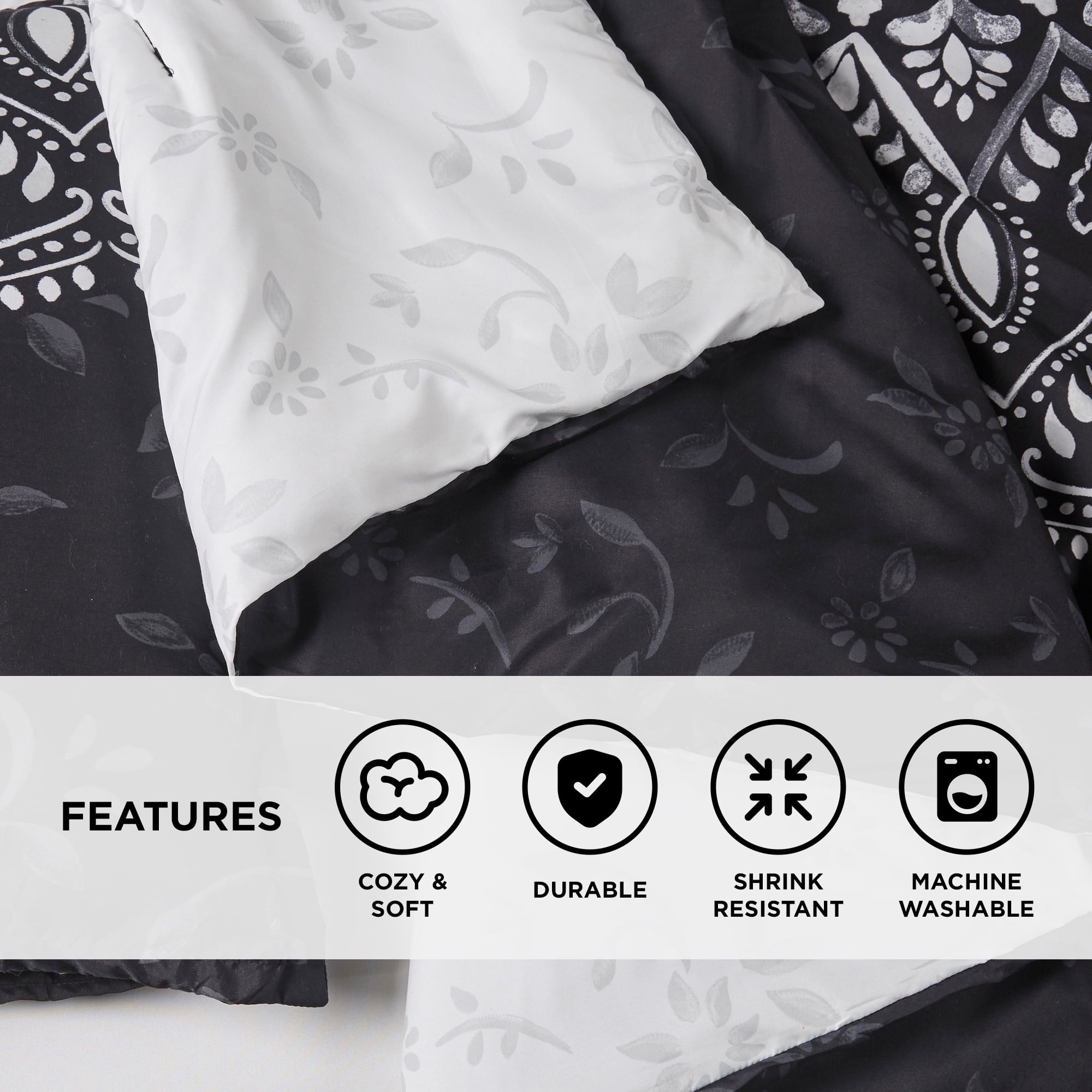 Fluffy Down Alternative Queen Comforter Set, Bedding Comforter Set Queen Size W/ Side Pockets, Black, 9 Pieces - All-Season Down Alternative Comforter Insert Detail