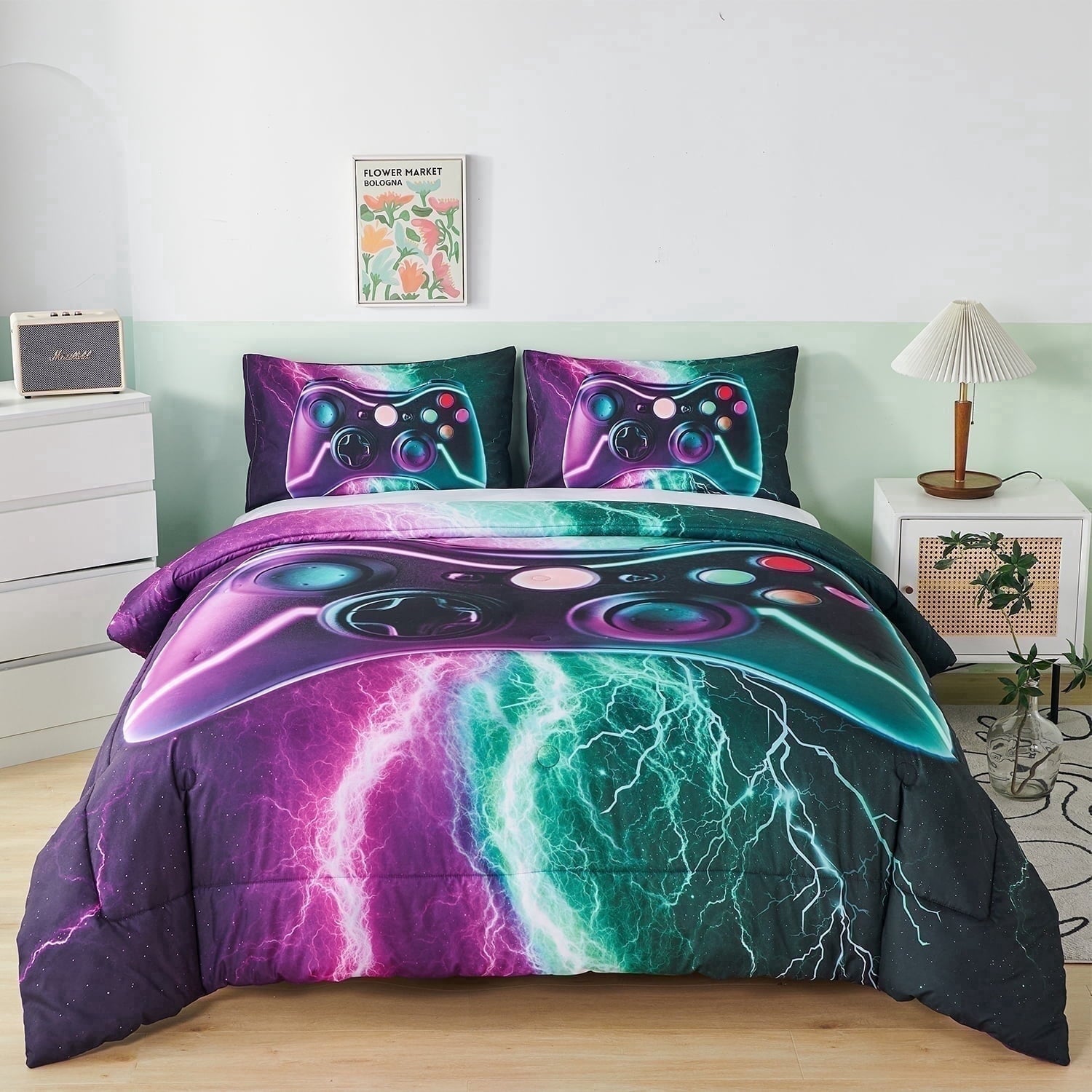 All-Season Queen Size Gaming Comforter Set for Boys,3-Piece 3D Green Purple Lightning Game Controller Bedding Set for Kids Teens - Hypoallergenic Ultra-Fluffy Quilt for Winter Detail