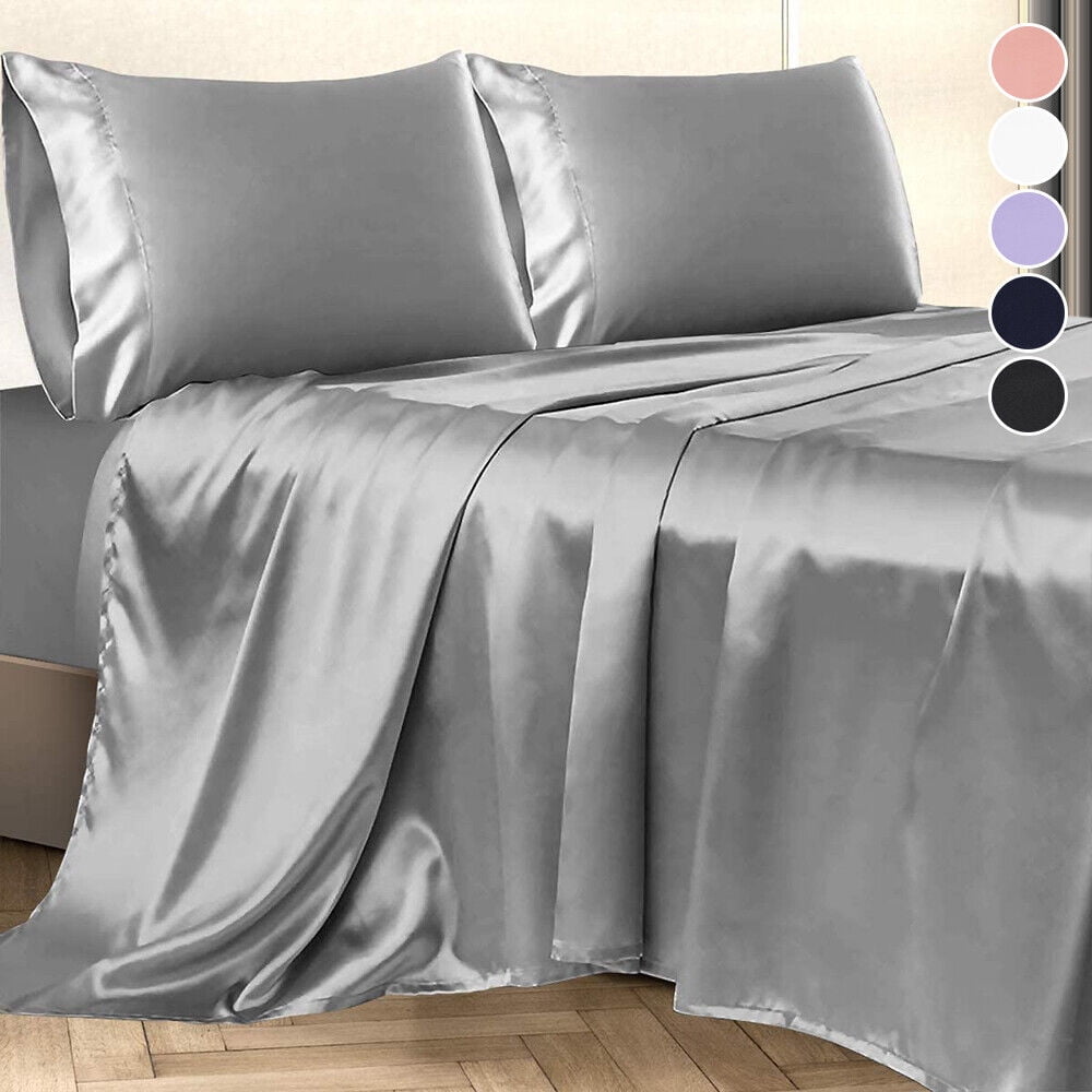 Breathable Luxury Twin Silk Gray Bed Sheet Set Deep Pocket Bed Flat Fitted Sheet, 3-Pieces - Cooling Hotel Quality Bedding Sheets and Pillowcases Detail
