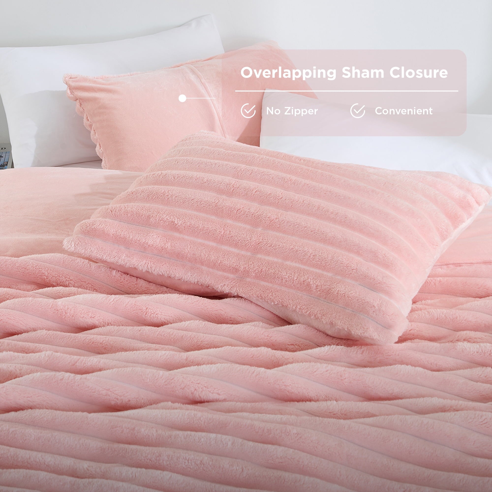 Fluffy Down Alternative Full/Queen Size Comforter Set, Fluffy Ribbed Plush Comforter Set, 3-Piece Bedding Set, Pink - Cloud-Like Soft Lightweight Bed Comforter Detail