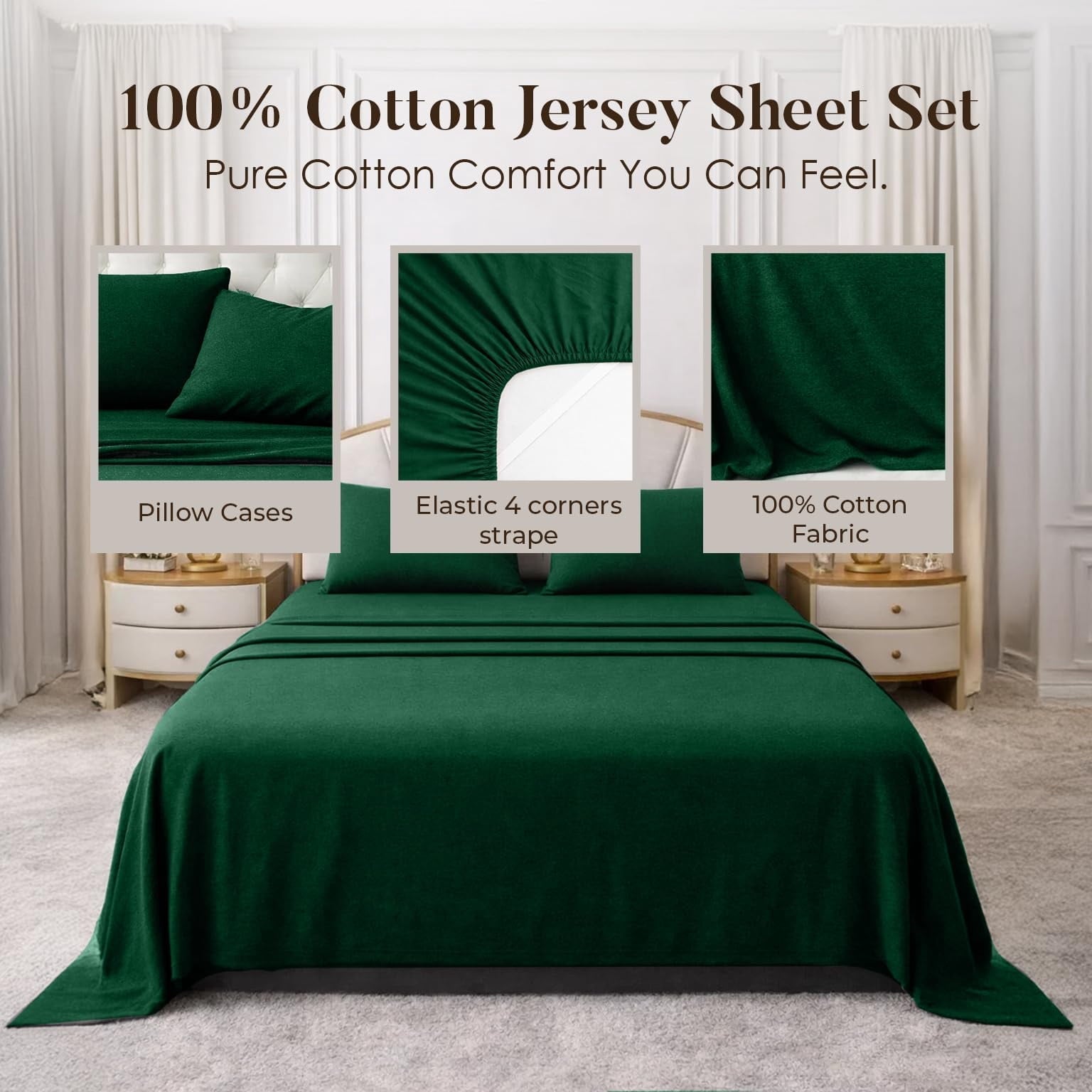 Cooling Sateen Bed Sheet Set Twin 3 Piece Hunter Green Breathable Soft Cotton Jersey Sheets with Deep Pockets, Unisex - Luxury Bed Sheet Set with Deep Pockets Detail
