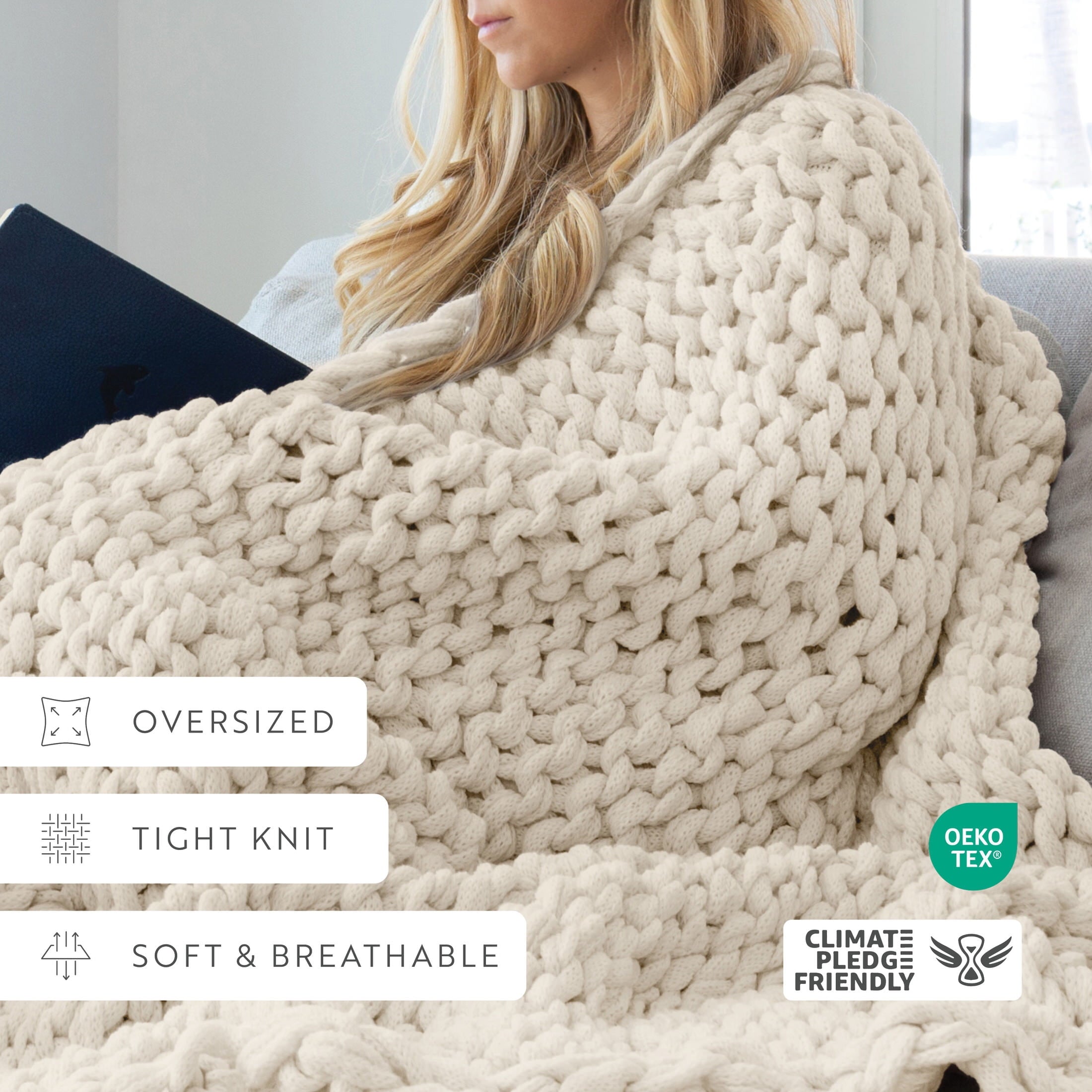 Lightweight Warm Soft & Cozy Chunky Hand-Knit Throw Blanket, Ivory - Cozy Fleece Throw Blanket for Couch & Bed Detail