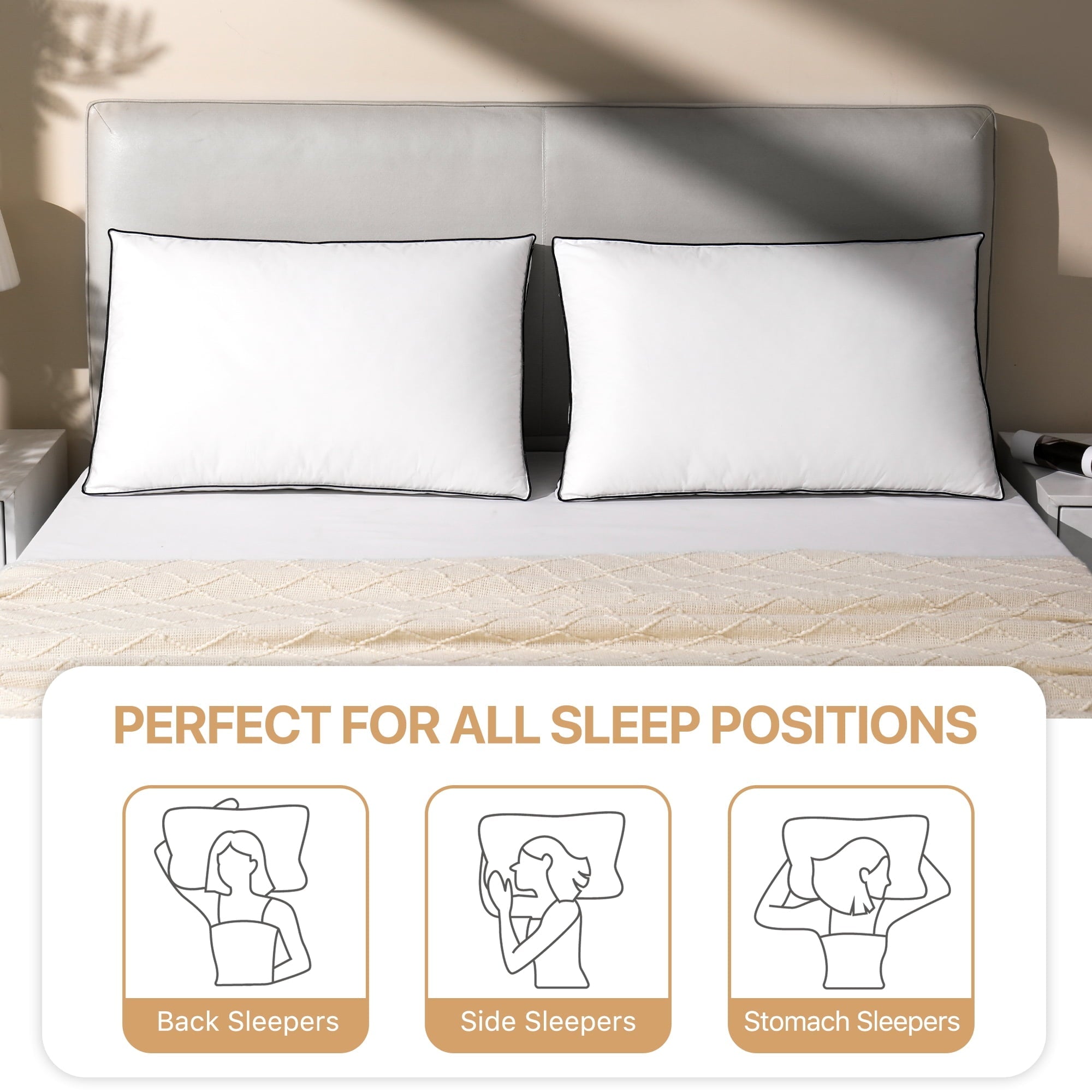 Fluffy Shredded Gusseted Feather Down Pillow Set of 2, Medium Firm Hotel Bed Pillows 2 Pack, Queen Size for Side Sleepers, 20 x 30 in - Decorative Throw Pillow Cushion for Sofa & Bed Detail