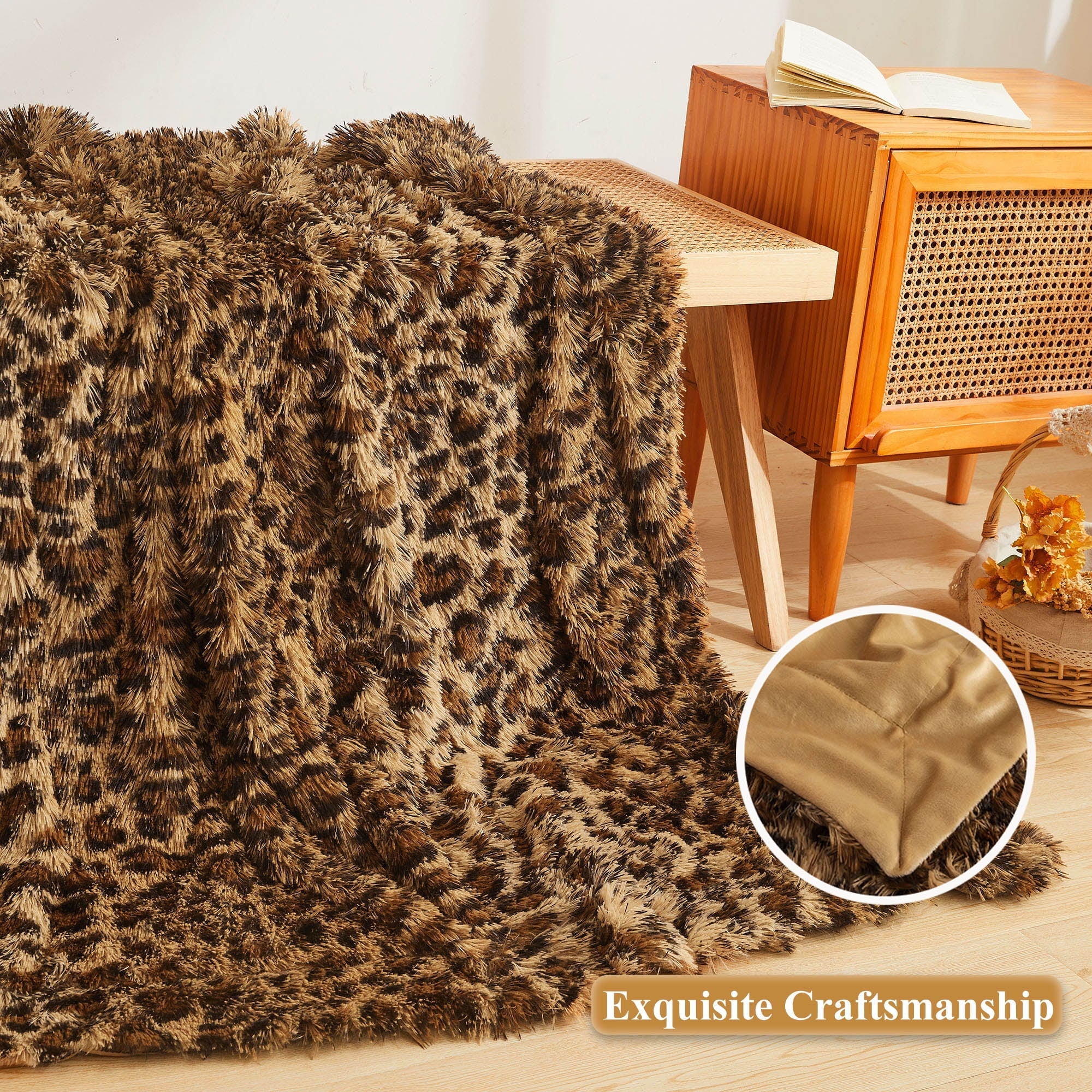Reversible Sherpa Luxury Faux Fur Leopard Print Throw, Soft 50x60 Cheetah Print Fluffy Blanket, Shaggy Plush Decorative Couch Throw, Cu... - Lightweight Plush Warm Blanket for All Seasons Detail