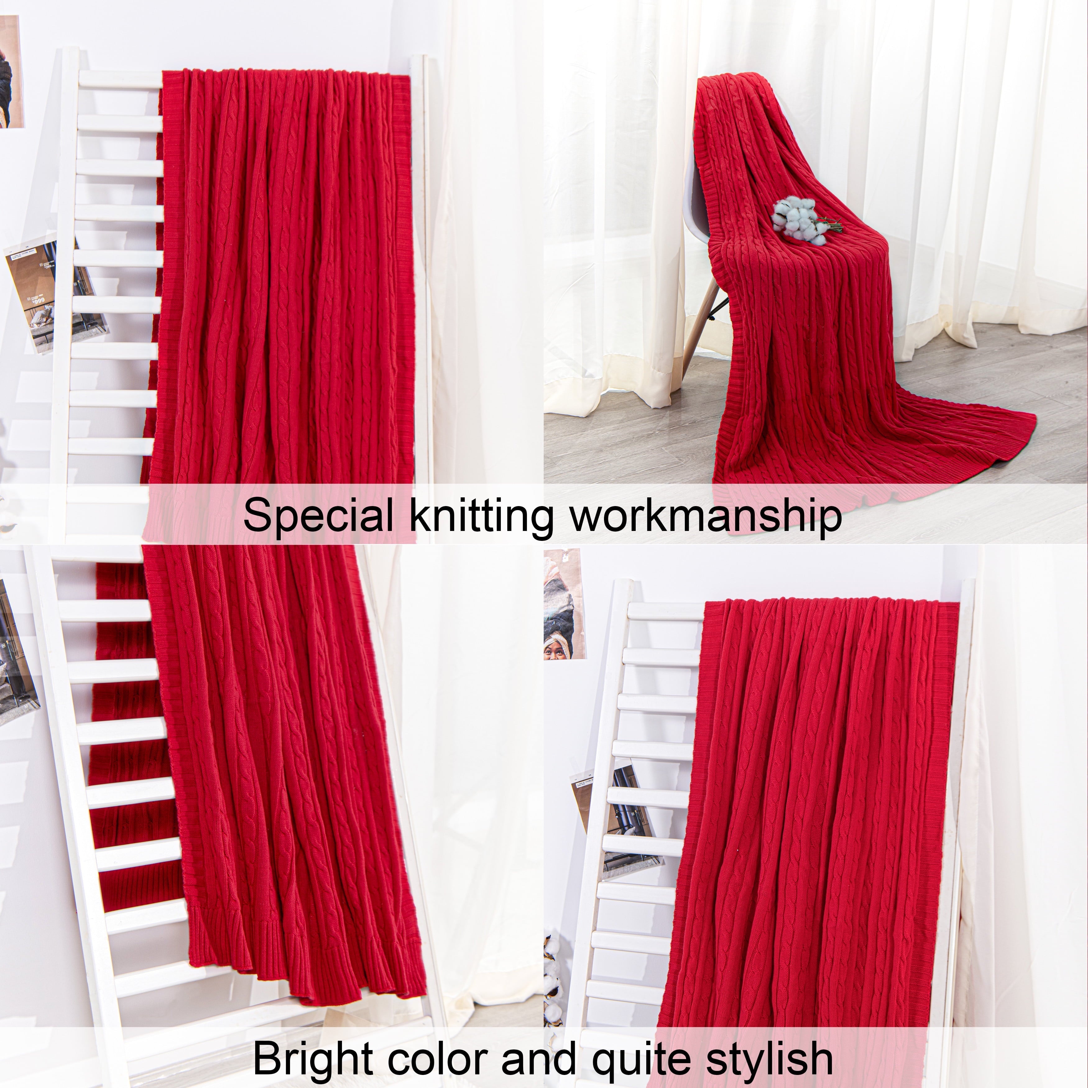 Lightweight Warm 100% Cotton Cable Knit Throw, Super Soft Warm Knitted Blanket Home Decor, 51"x67", Red - Super Soft Reversible Sherpa Flannel Blanket Detail