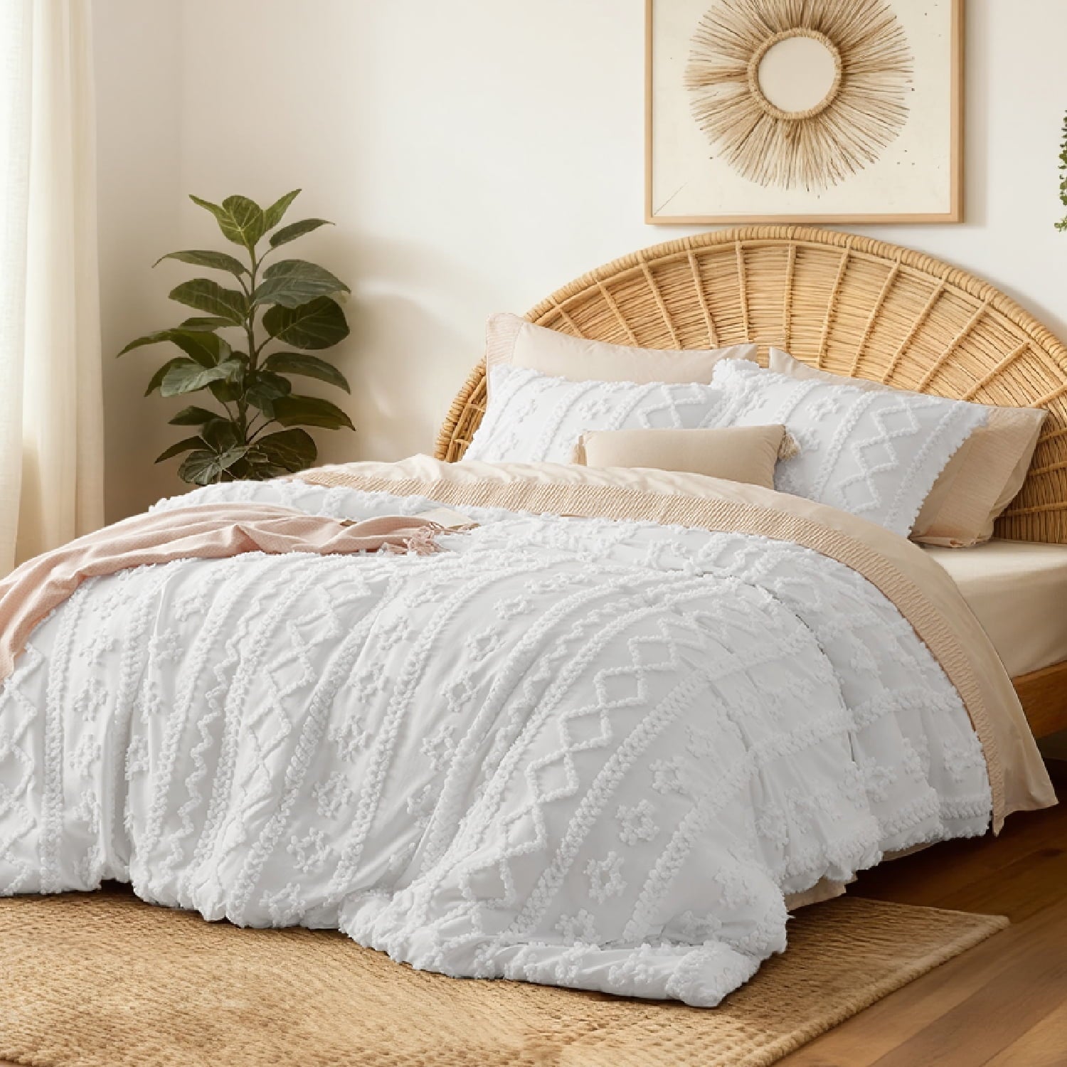 Luxurious Quilted Tufted Boho Comforter Set, 2 Pieces Farmhouse Shabby Chic Embroidery Bed Set, Soft Jacquard Comforter for All Seasons... - All-Season Down Alternative Comforter Insert Detail