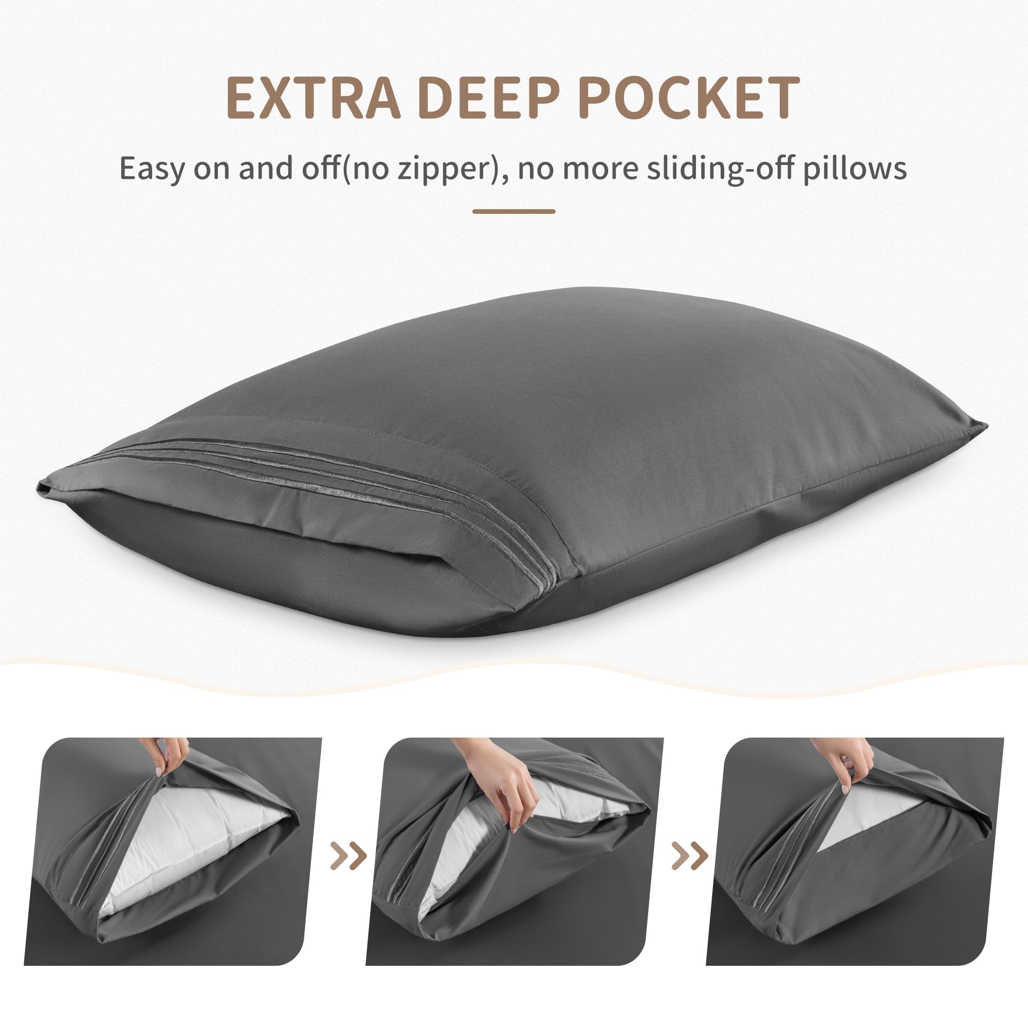 Ultra-Soft 6 Pieces Bed Sheet Set, 1800 Series Soft Microfiber Queen Sheets with 16" Deep Pocket, Dark Gray - Luxury Bed Sheet Set with Deep Pockets Detail