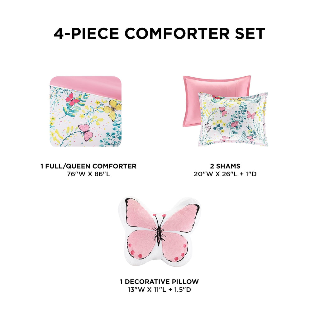 All-Season Full/Queen Size Comforter Sets, 4-Piece Kids Bedding Set for Girls, Butterfly Floral Comforter Bed Set, White/Pink - All-Season Down Alternative Comforter Insert Detail