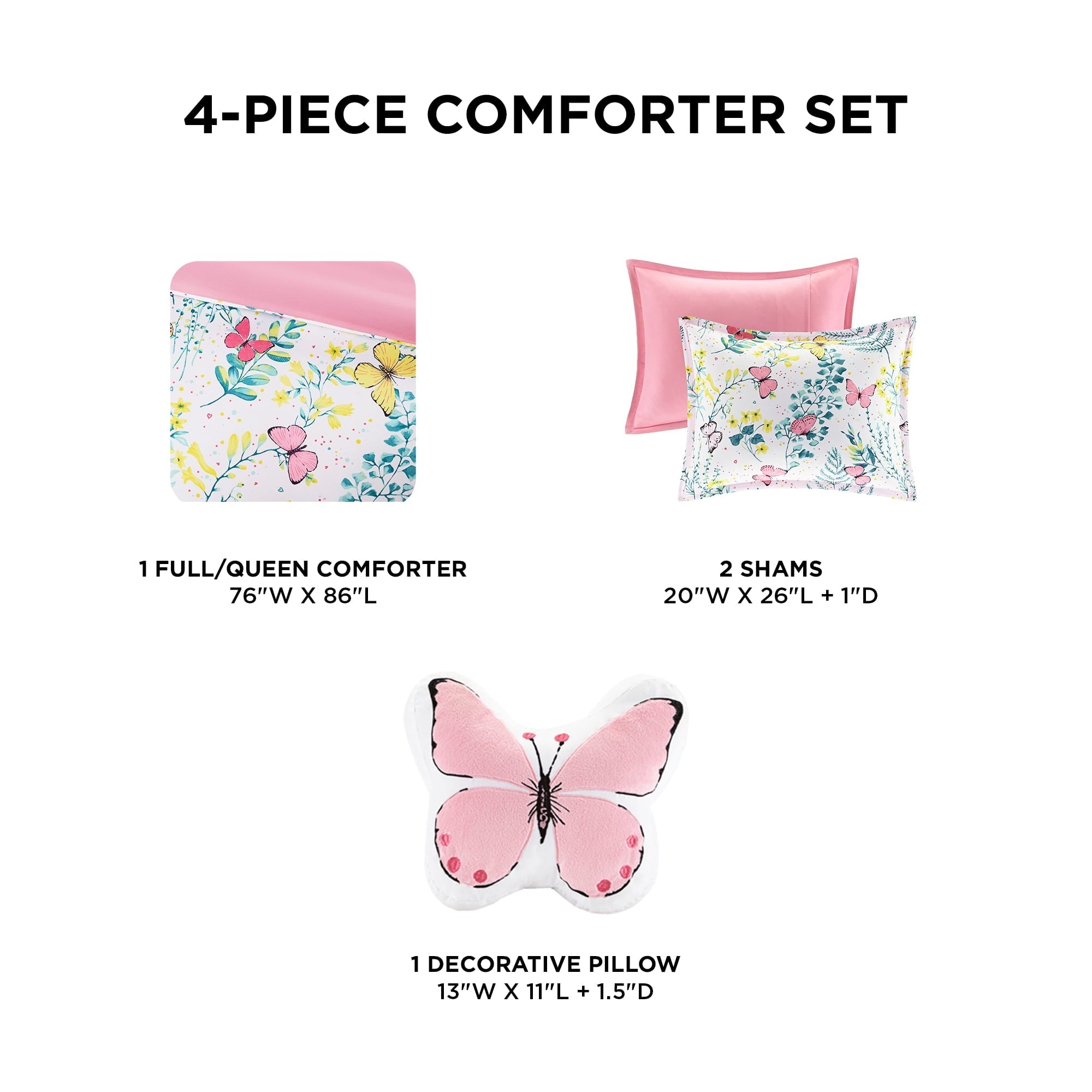 All-Season Full/Queen Size Comforter Sets, 4-Piece Kids Bedding Set for Girls, Butterfly Floral Comforter Bed Set, White/Pink - All-Season Down Alternative Comforter Insert Detail