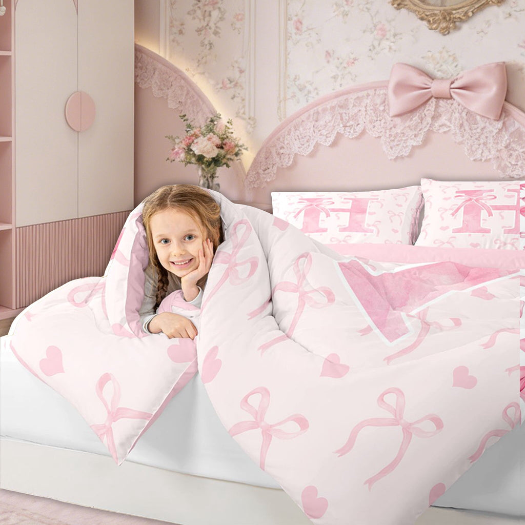 Heavyweight Warmth Kawaii Bowknot Bedding Sets Full with Comforter, Initial H Duvet Insert, Romantic Initial A-Z Decor, Reversible - Hypoallergenic Ultra-Fluffy Quilt for Winter Detail
