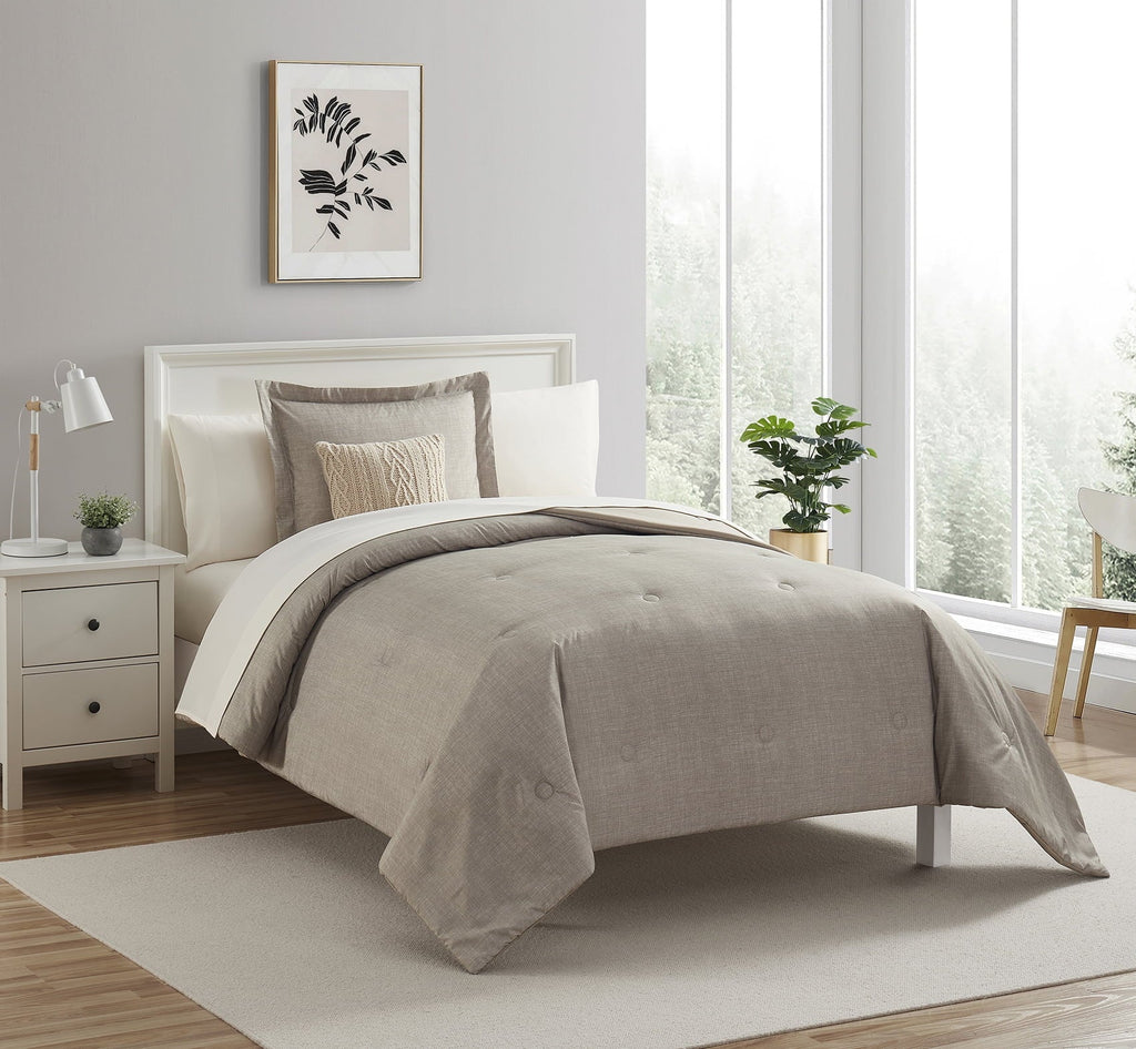 Hypoallergenic Cloud 7 Piece Beige Bed in a Bag Comforter Set with Sheets, Twin-XL - All-Season Down Alternative Comforter Insert Detail