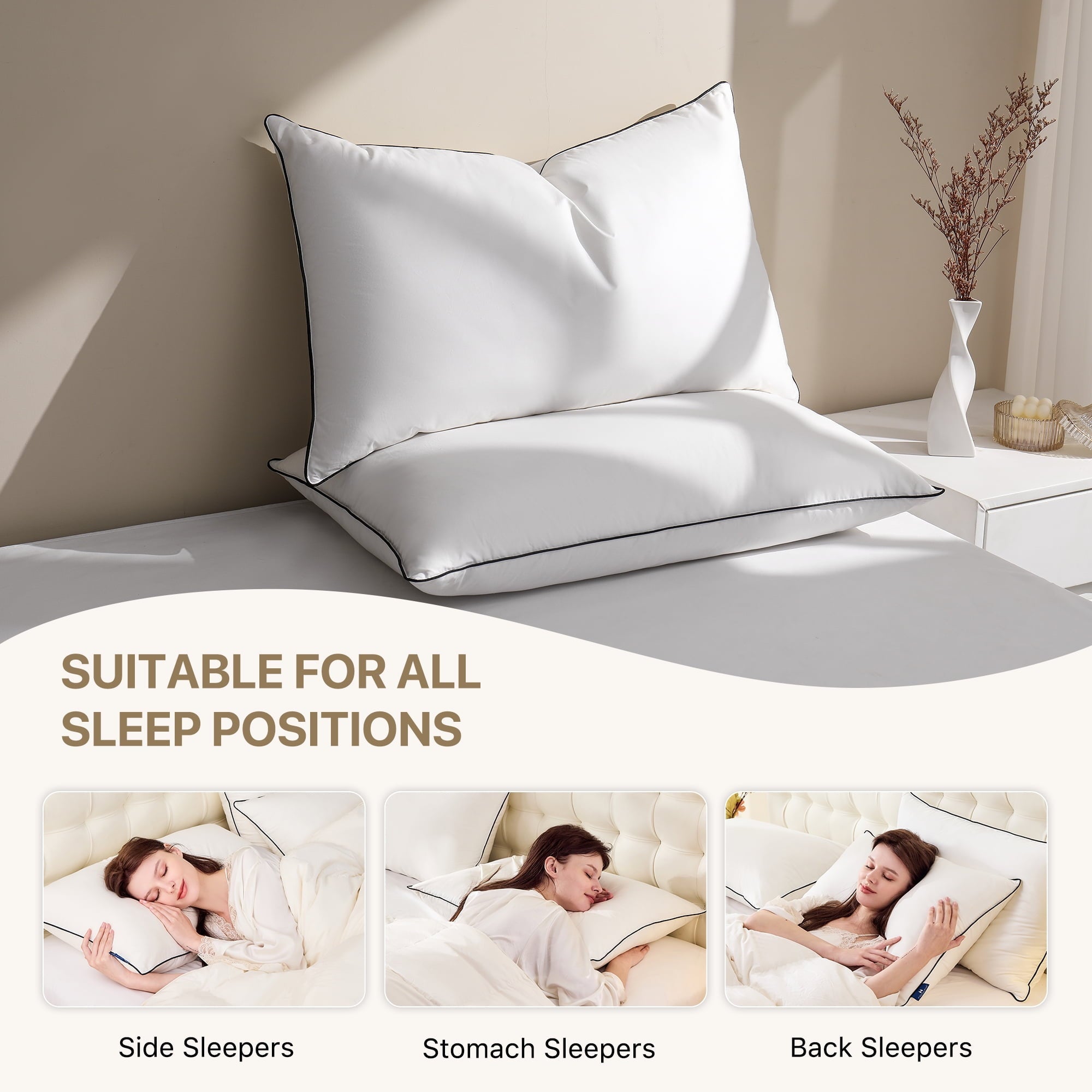 Decorative Plump Feather Down Pillows Set of 2, Medium Firm Hotel Bed Pillow 2 Pack, Queen Size, 20 x 30 in. - Ergonomic Memory Foam Pillow for Neck Pain Support Detail