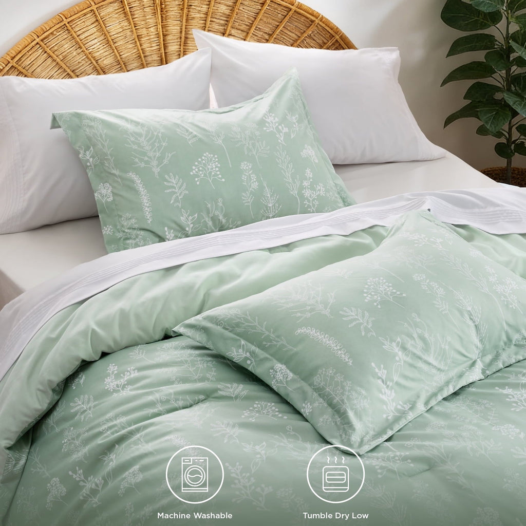 Hypoallergenic Cloud 3 Pieces Sage Green Floral Comforter Sets, 1 Botanical Flowers Reversible Comforter and 2 Pillow Shams, Queen Size Be... - Cloud-Like Soft Lightweight Bed Comforter Detail