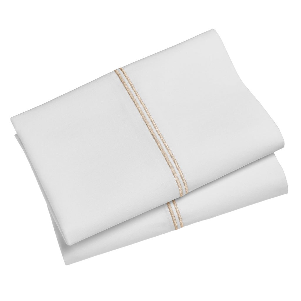 Cooling Sateen 4-Piece 300 Thread Count White Pima Cotton Bed Sheet Set with Tan Hem, Full , Adult/Teen - Luxury Bed Sheet Set with Deep Pockets Detail