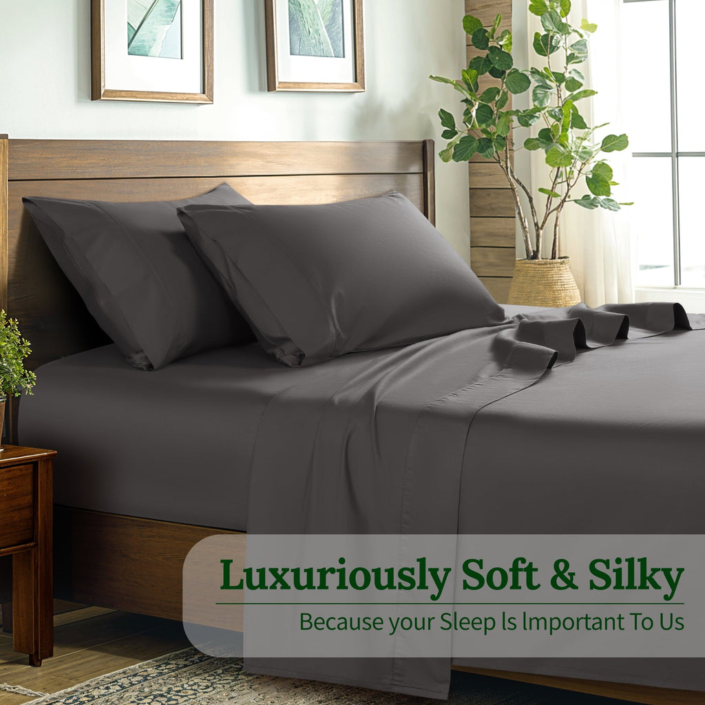 Premium Egyptian Cotton 100% Cotton Bed Sheets Set, 1000 Thread Count 4 Piece Luxury Soft Sheets Set with 16" Deep Pocket, Queen, Dark Gray - Breathable Egyptian Cotton Flat & Fitted Sheets Detail