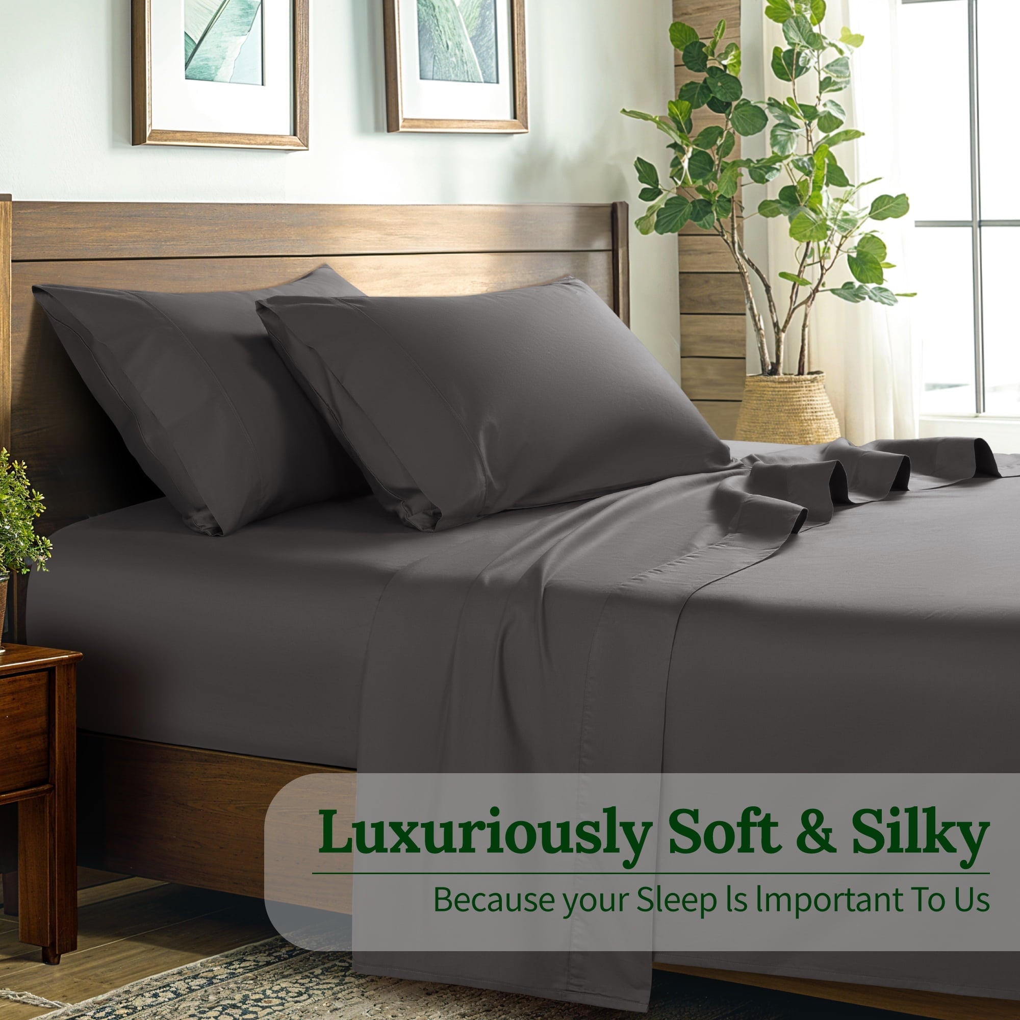 Premium Egyptian Cotton 100% Cotton Bed Sheets Set, 1000 Thread Count 4 Piece Luxury Soft Sheets Set with 16" Deep Pocket, Queen, Dark Gray - Breathable Egyptian Cotton Flat & Fitted Sheets Detail