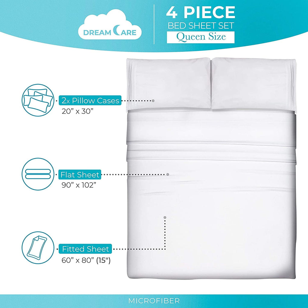 Cooling Sateen Bed Sheets Set - Queen Size Sheet with Side Pocket - 4pcs Set, 15 inches, White - Luxury Bed Sheet Set with Deep Pockets Detail