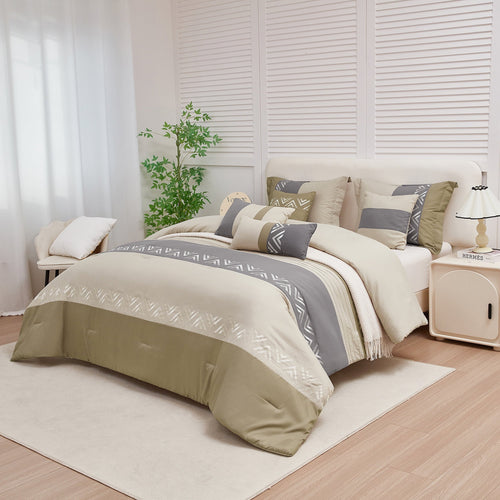 All-Season 7 Piece Embroidery Design Bed-in-a-Bag, Taupe Queen Size Ultra Soft Comforter Set for Adults - All-Season Down Alternative Comforter Insert Detail