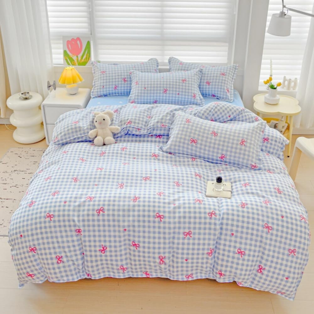 Luxurious Quilted 3-Piece Blue Plaid Pink Bows Comforter Full Set , Cute Soft Bedding Set for Kids Adults - Hypoallergenic Ultra-Fluffy Quilt for Winter Detail