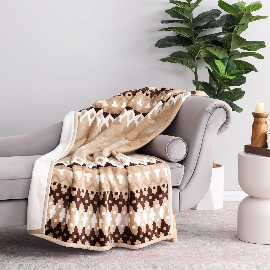 Cozy Fleece Printed Velvet Plush Reverse to Faux Fur Super Soft Throw Blanket, Oversized, Linder Border Beige - Luxury Knitted Decorative Throw Blanket with Fringes Detail
