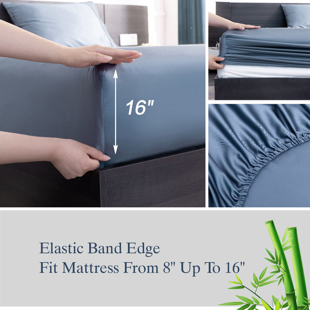 Ultra-Soft Luxury Bamboo Bed Sheets Set Full 4 Pcs for Adult,Soft&Cool,16" Deep Pocket,Blue Gray - Premium Ultra-Soft Pillowcase Pair for Sleeping Detail