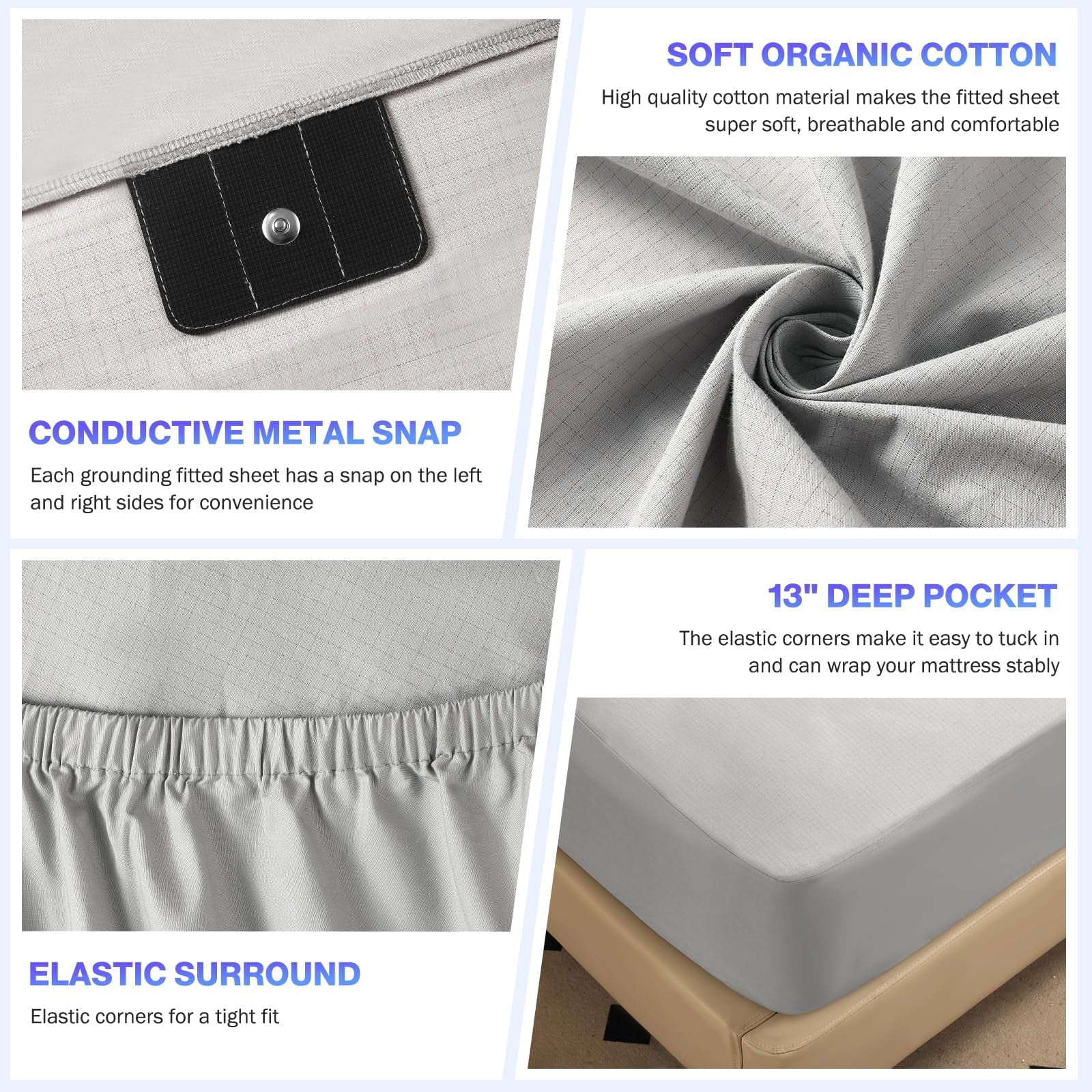 Ultra-Soft Grounding Sheets King Size,Earth Grounded Fitted Bed Sheet 10% Pure Silver Fiber + 90% Organic Cotton, Bed Grounding ... - Luxury Bed Sheet Set with Deep Pockets Detail