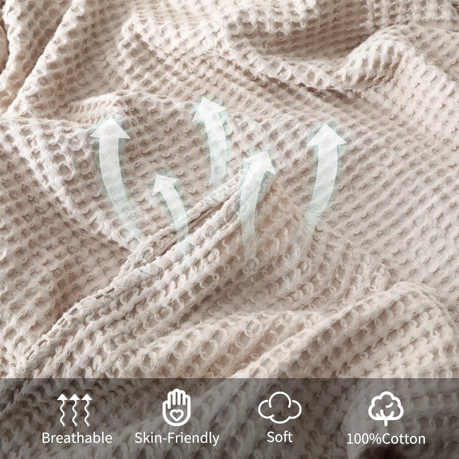 Reversible Sherpa 100% Cotton Waffle Bed Blanket King Size, Throw Blanket for Couch All Seasons (Beige, 104x90) - Cozy Fleece Throw Blanket for Couch & Bed Detail