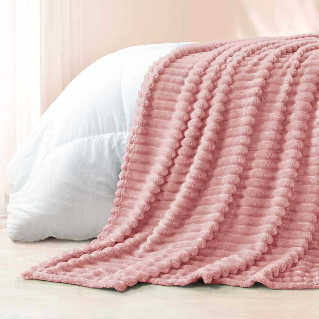 Lightweight Warm Fleece Throw Blanket for Couch, Super Soft 3D Striped Jacquard Blanket, Lightweight Fuzzy Cozy Blankets, Pink, 50"x60" - Luxury Knitted Decorative Throw Blanket with Fringes Detail
