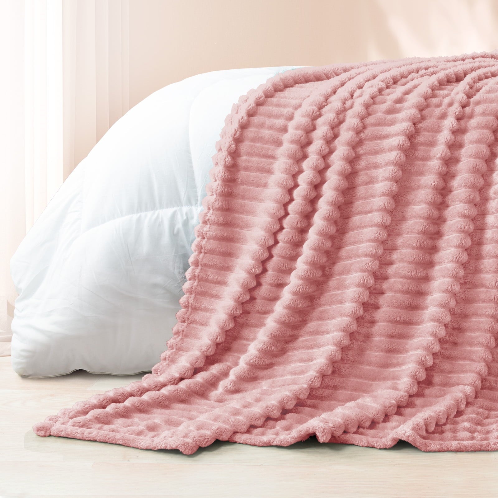 Lightweight Warm Fleece Throw Blanket for Couch, Super Soft 3D Striped Jacquard Blanket, Lightweight Fuzzy Cozy Blankets, Pink, 50"x60" - Luxury Knitted Decorative Throw Blanket with Fringes Detail