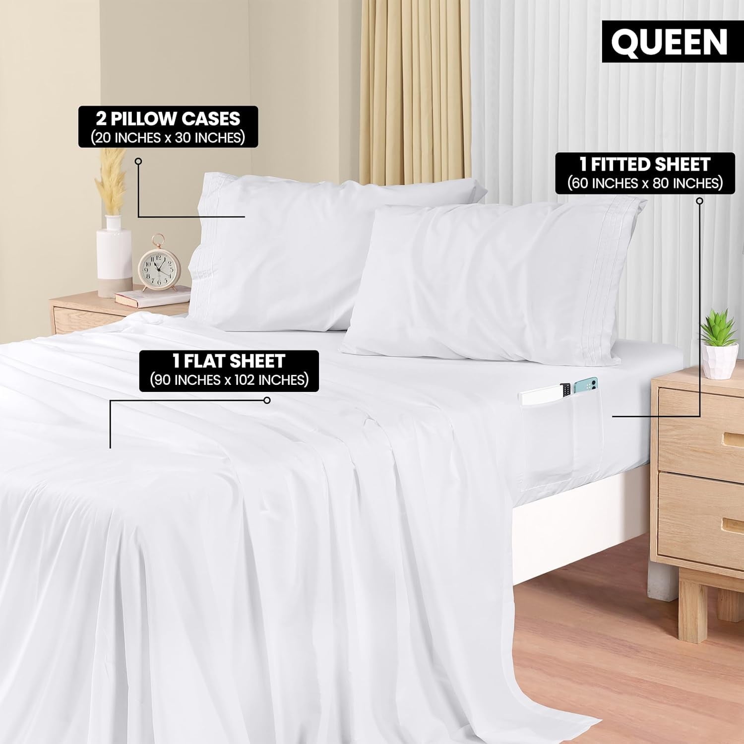 Ultra-Soft Set, Soft Microfiber 4 Piece Hotel Luxury Bed s with Deep Pockets, Embroidered Pillow Cases, Side Storage Pocket Fitt... - Breathable Egyptian Cotton Flat & Fitted Sheets Detail