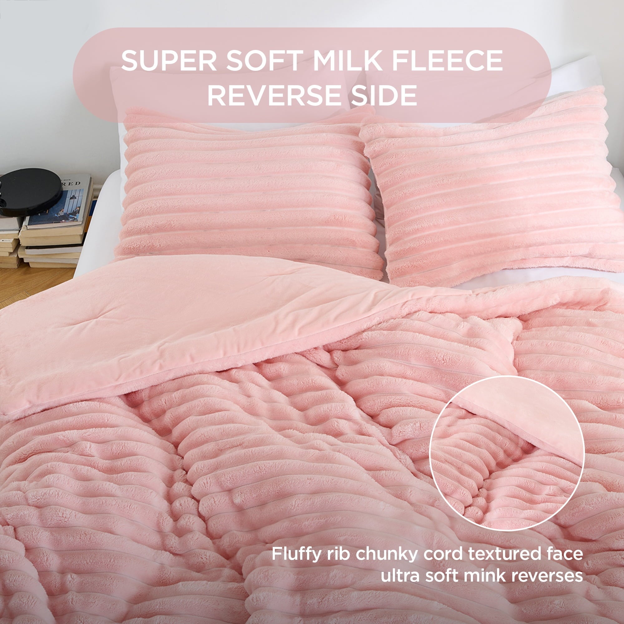 Fluffy Down Alternative Full/Queen Size Comforter Set, Fluffy Ribbed Plush Comforter Set, 3-Piece Bedding Set, Pink - Cloud-Like Soft Lightweight Bed Comforter Detail