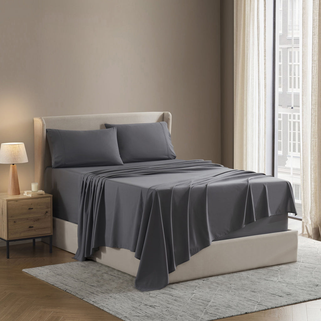 Cooling Sateen Sheet Sets, Deep Pocket 4 Piece, Luxury Soft Microfiber Bed Sheet Sets, GRAY - Premium Ultra-Soft Pillowcase Pair for Sleeping Detail