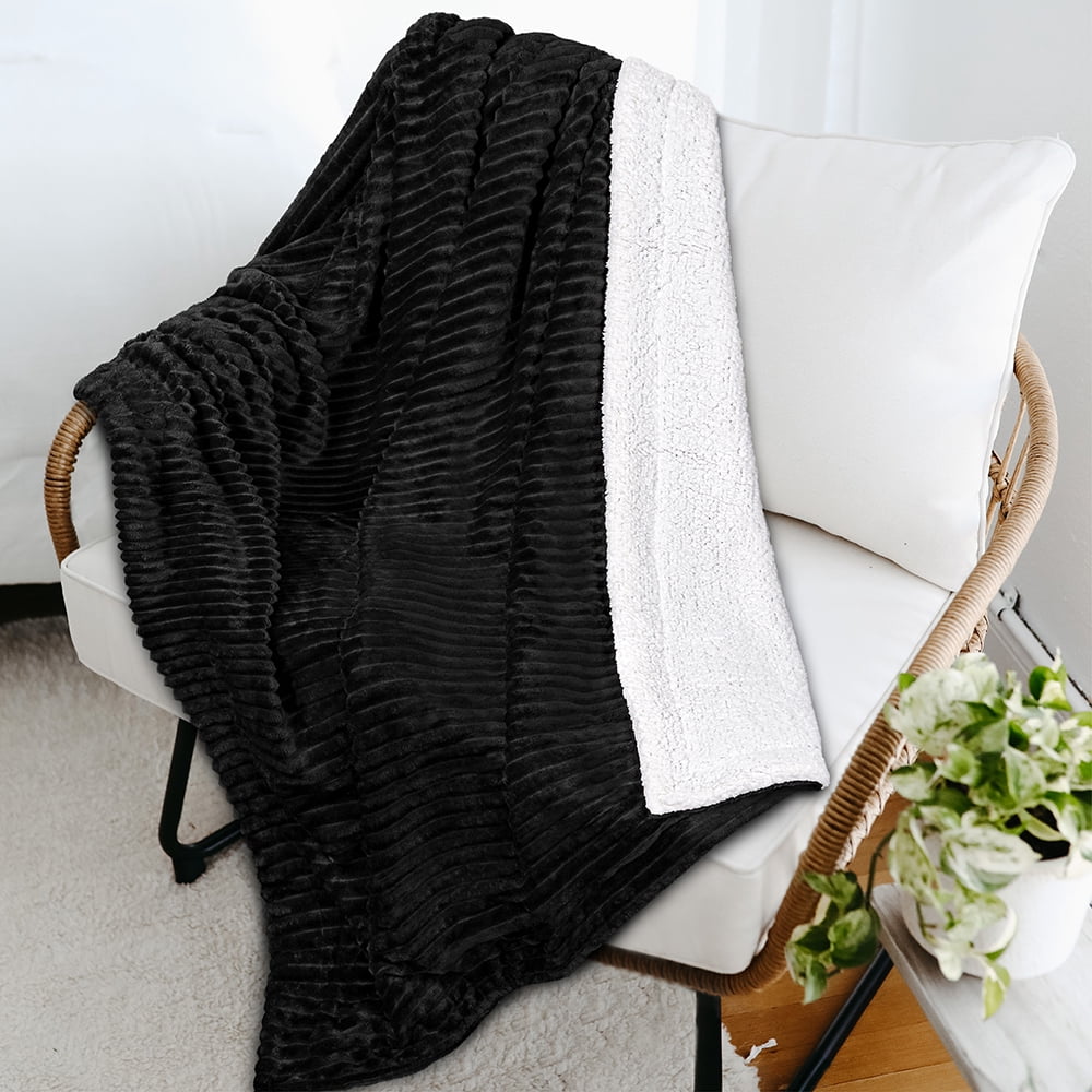 Reversible Sherpa Reversible Sherpa Fleece Throw Blanket Black, Plush Flannel Throw, Ultra Soft Warm Ribbed Microfiber Blanket for Sofa... - Super Soft Reversible Sherpa Flannel Blanket Detail