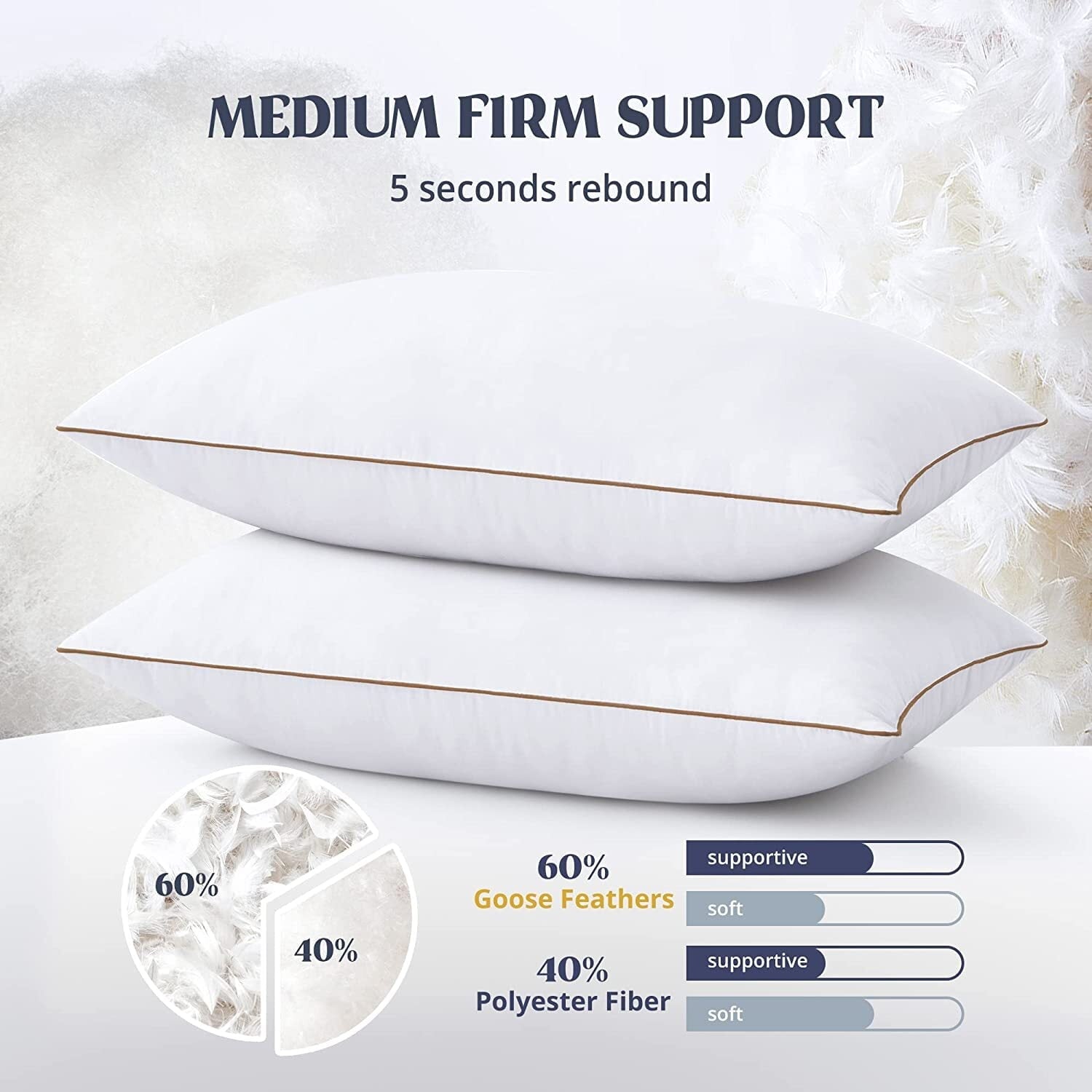 Decorative Plump Down Feather Pillows for Bed 20 x 30 Inches Queen Size Set of 2, Medium Firm Luxury Cooling Hotel Collection Feather ... - Orthopedic Shredded Foam Bed Pillow Set Detail