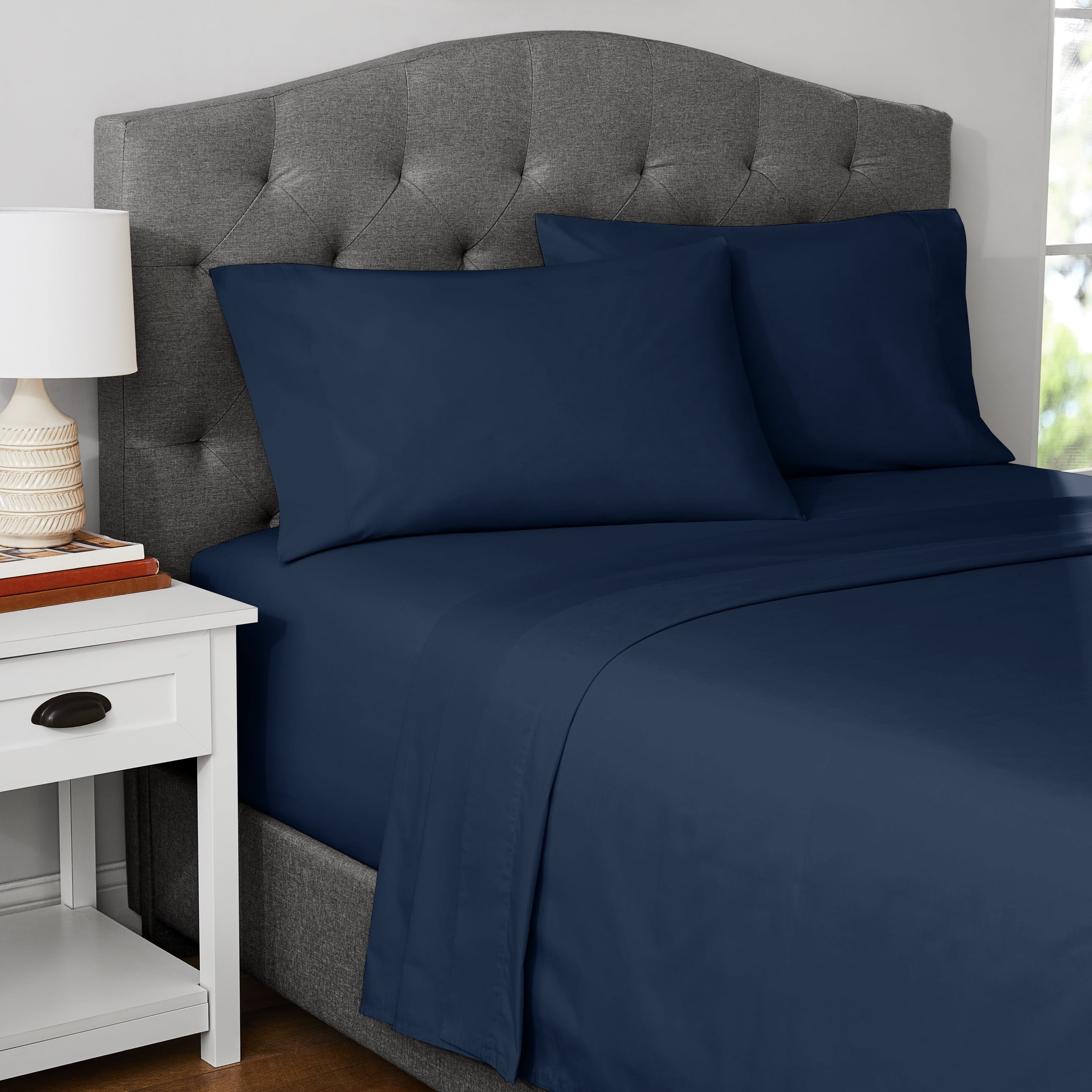 Wrinkle-Resistant 300 Thread Count Easy Care Blue Cove Cotton Blend Percale Flat Bed Sheet, King - Luxury Bed Sheet Set with Deep Pockets Detail