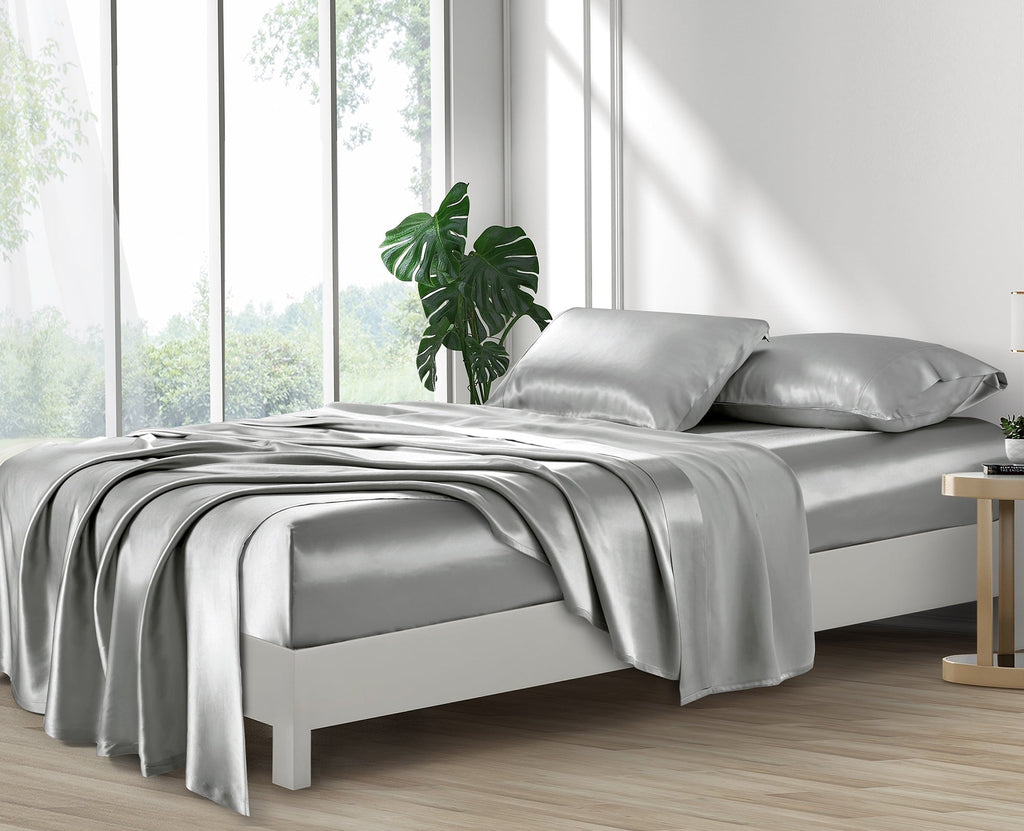 Wrinkle-Resistant Luxury Satin Sheets Set Full Size Light Gray, 4-Piece Bedding Sets with Deep Pockets - Soft and Smooth Satin Bed Shee... - Cooling Hotel Quality Bedding Sheets and Pillowcases Detail