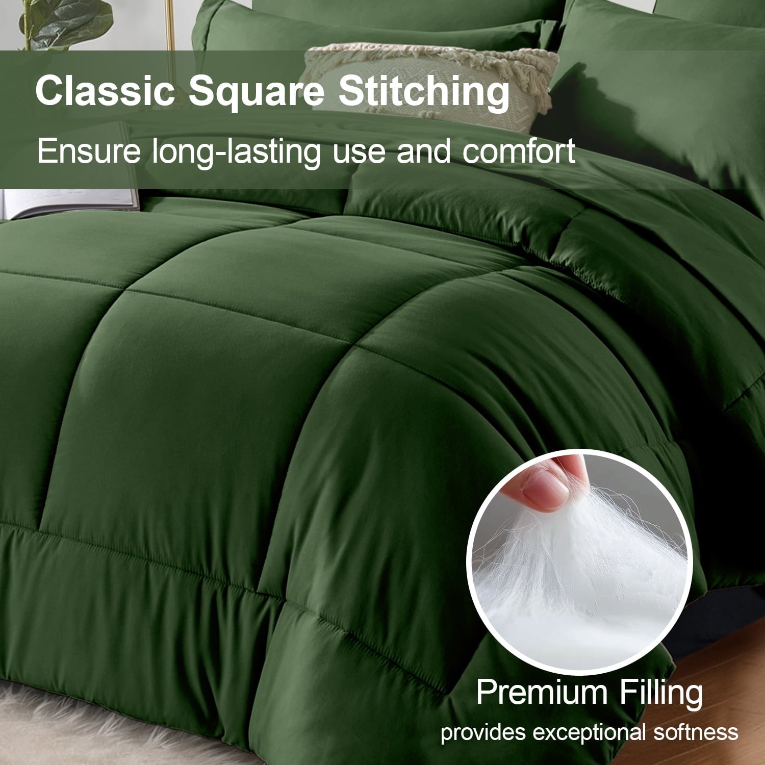 Heavyweight Warmth Queen Comforter Set Forest Green Bed in a Bag Queen Size 7 Pieces Soft Bed Set Lightweight Microfiber Green Bedding C... - Luxurious Quilted Duvet Cover Set Detail