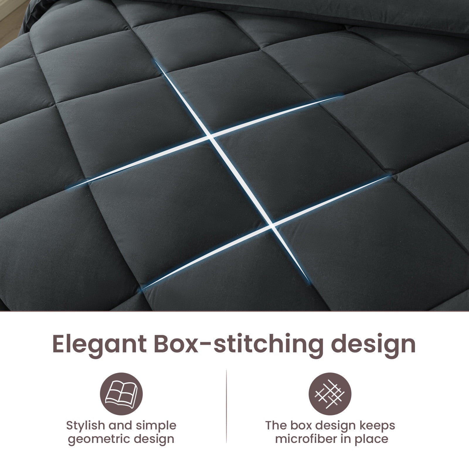 All-Season Queen Bed in a Bag Comforter Set with 7 Pieces - Dark Gray All Season Bedding Sets with Comforter, Pillow Shams, Flat... - Luxurious Quilted Duvet Cover Set Detail