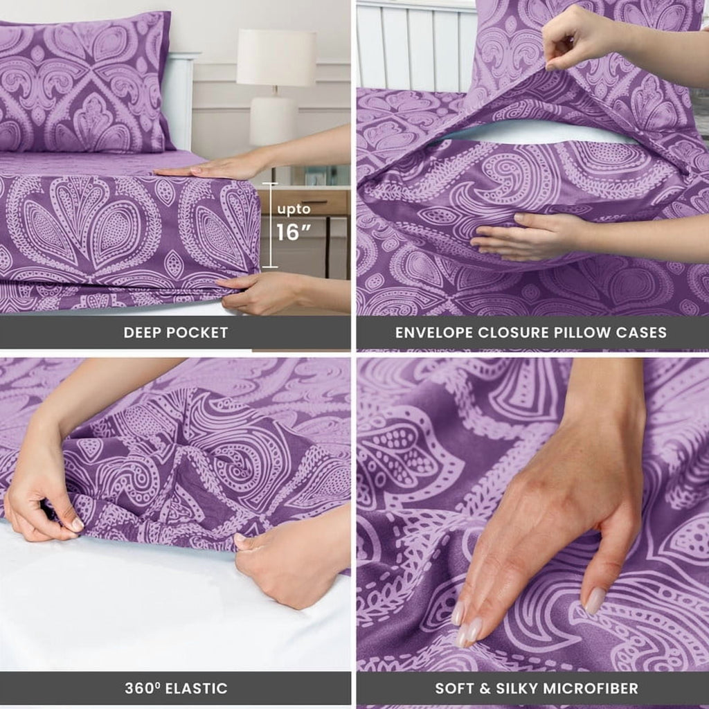 Ultra-Soft Paisley Printed Queen Bed Sheets Set, Microfiber 6 Piece Bedding Set - Purple - Breathable Egyptian Cotton Flat & Fitted Sheets Detail