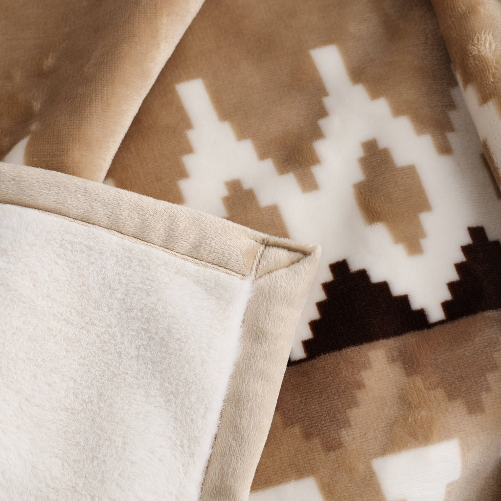Cozy Fleece Printed Velvet Plush Reverse to Faux Fur Super Soft Throw Blanket, Oversized, Linder Border Beige - Luxury Knitted Decorative Throw Blanket with Fringes Detail