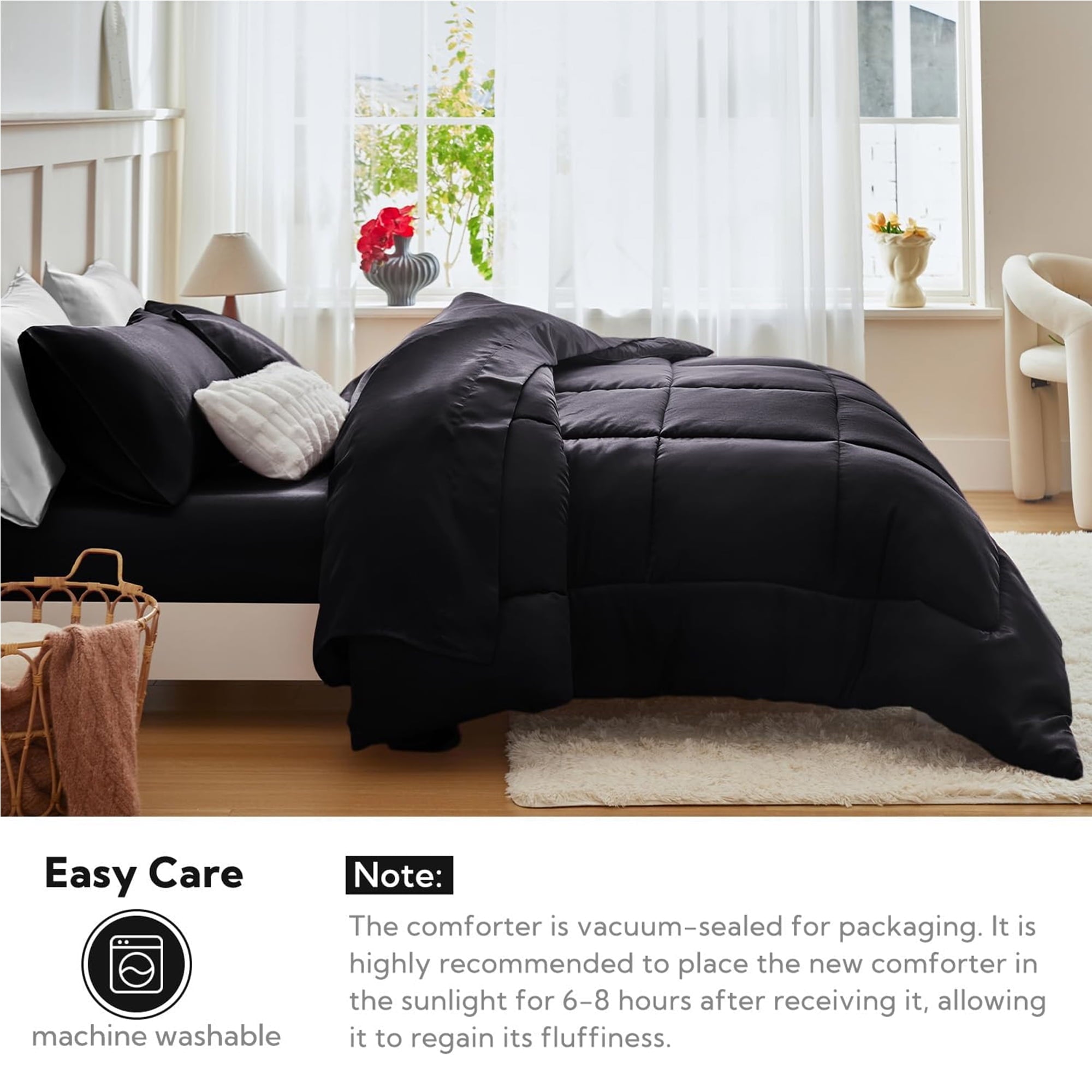 All-Season Reversible Satin Microfiber Comforter 3 Pieces Queen Size, Black Queen Comforter Set for All Seasons, Silky Soft Sati... - Luxurious Quilted Duvet Cover Set Detail
