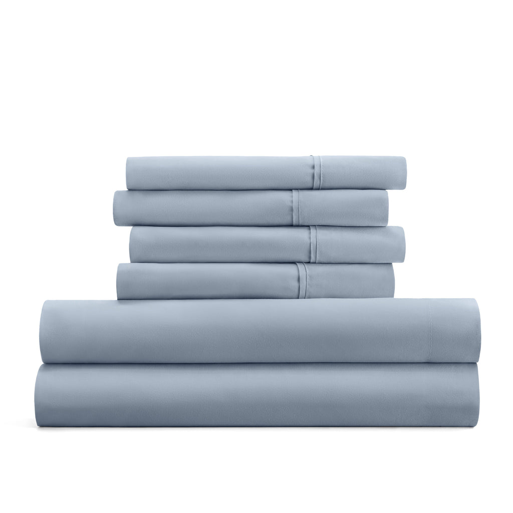 Breathable Luxury Queen, Light Blue Solid Microfiber 6 Piece Bed Sheet Set - Breathable Egyptian Cotton Flat & Fitted Sheets Detail