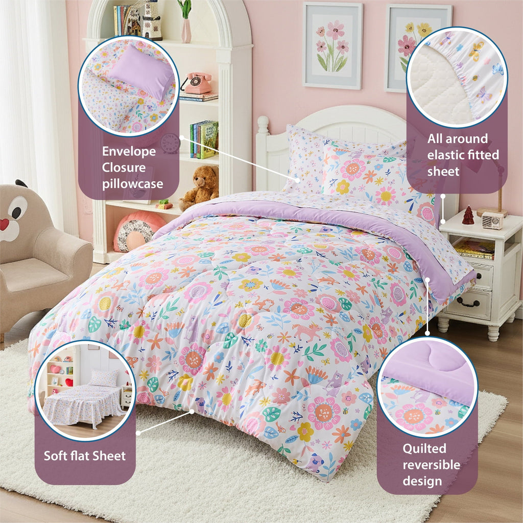 Luxurious Quilted Floral Comforter Set, Soft Microfiber Flower Bedding Set, 5 Pieces with Comforter, Sheets and Pillowcases, Twin - Luxurious Quilted Duvet Cover Set Detail