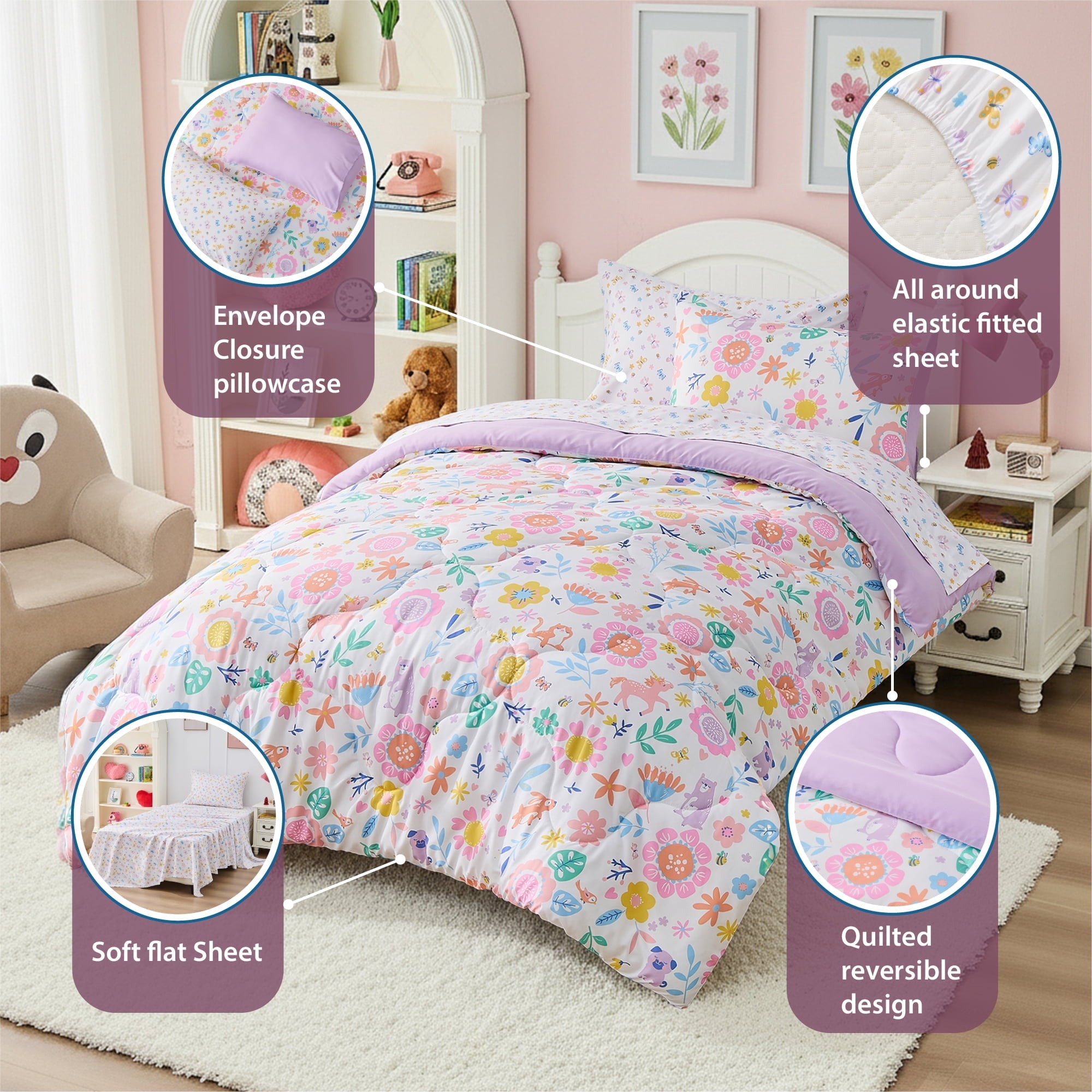 Luxurious Quilted Floral Comforter Set, Soft Microfiber Flower Bedding Set, 5 Pieces with Comforter, Sheets and Pillowcases, Twin - Luxurious Quilted Duvet Cover Set Detail
